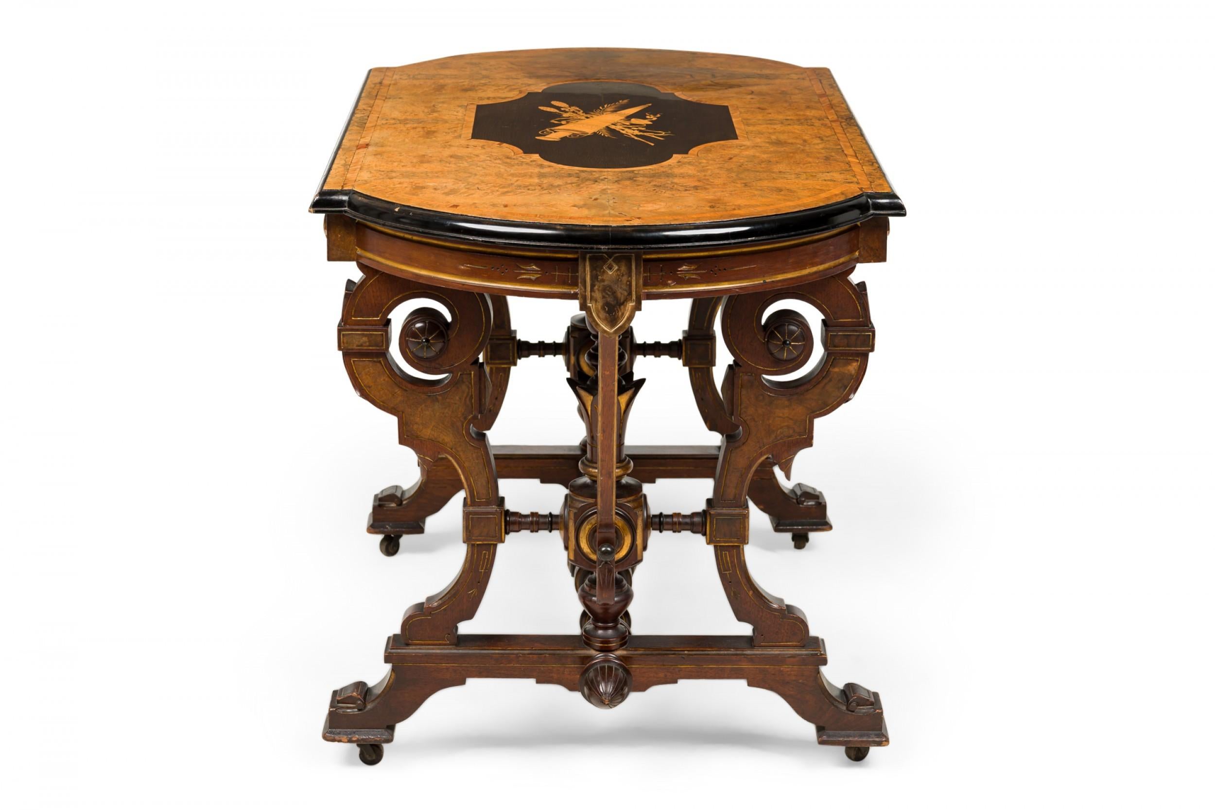 19th Century American Victorian Mahogany Inlaid Center Table with Elaborate Scrollwork For Sale
