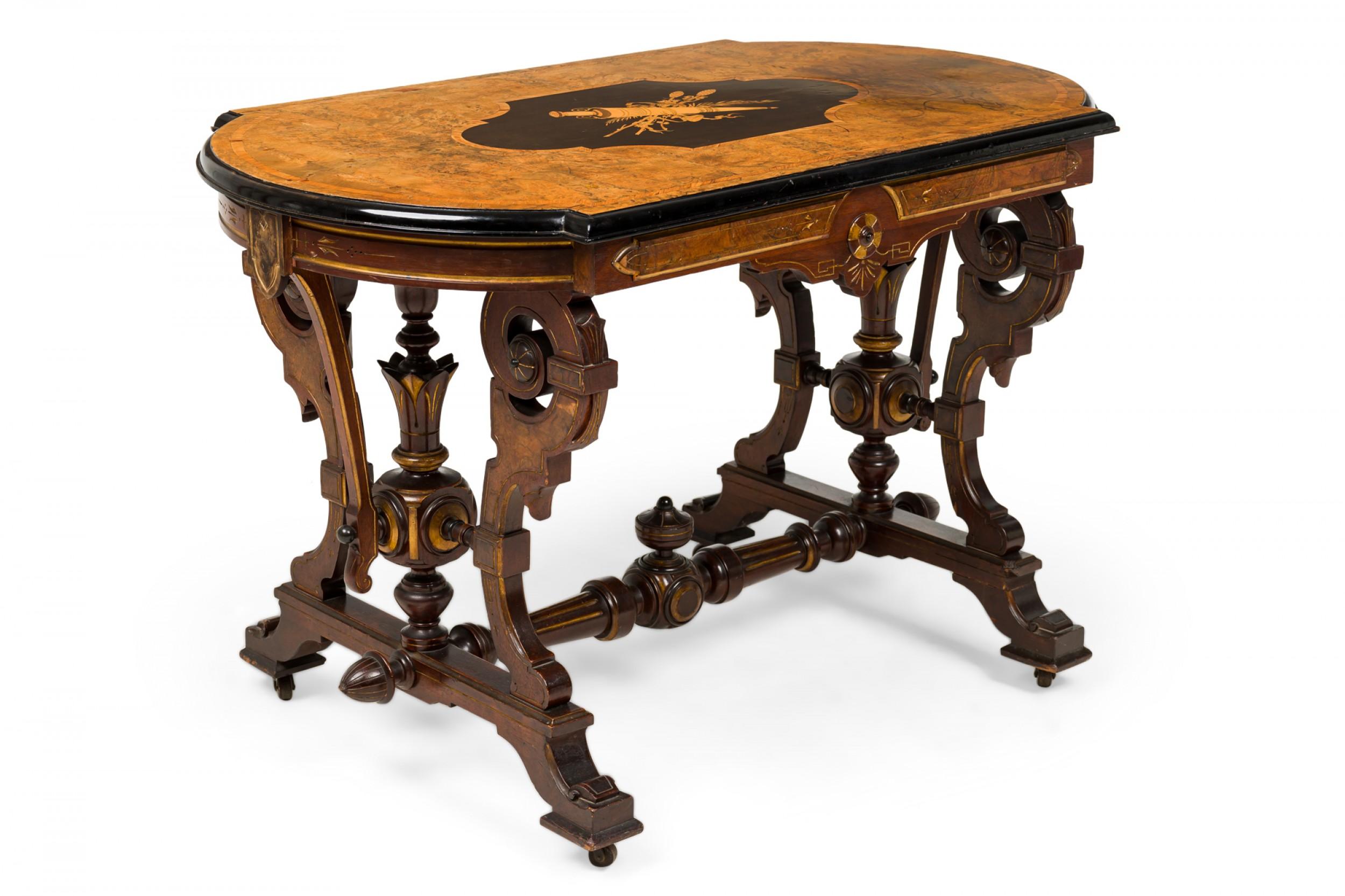 Burl American Victorian Mahogany Inlaid Center Table with Elaborate Scrollwork For Sale