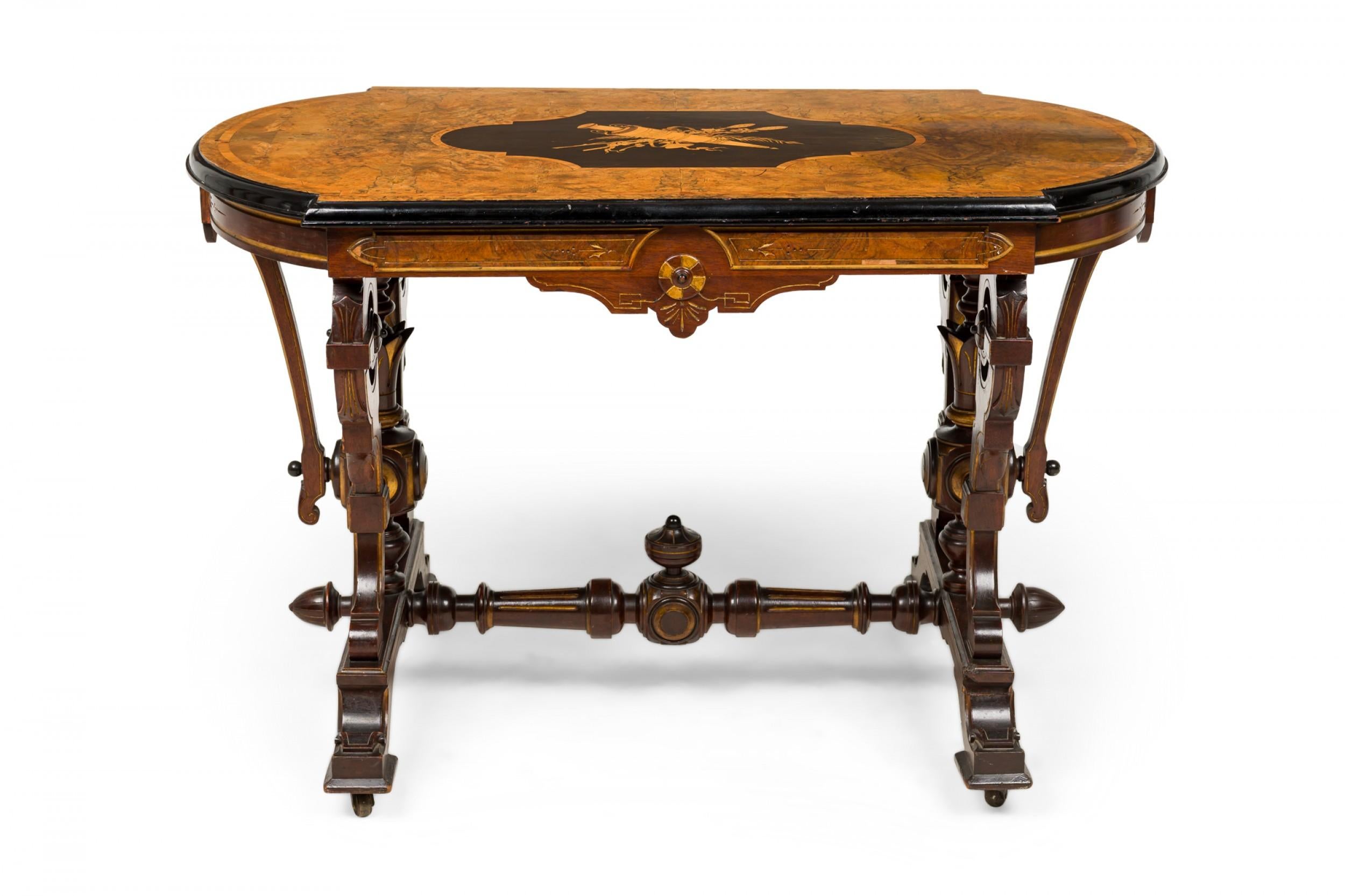 American Victorian Mahogany Inlaid Center Table with Elaborate Scrollwork For Sale 1