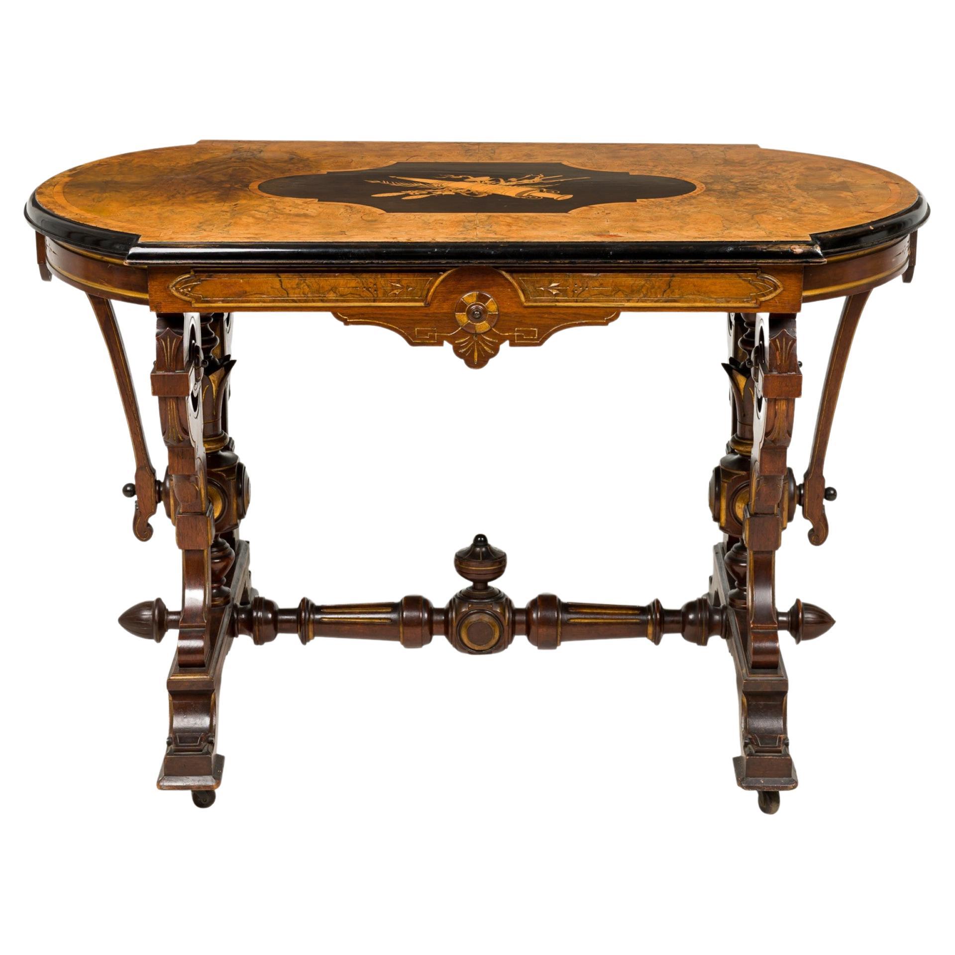 American Victorian Mahogany Inlaid Center Table with Elaborate Scrollwork For Sale