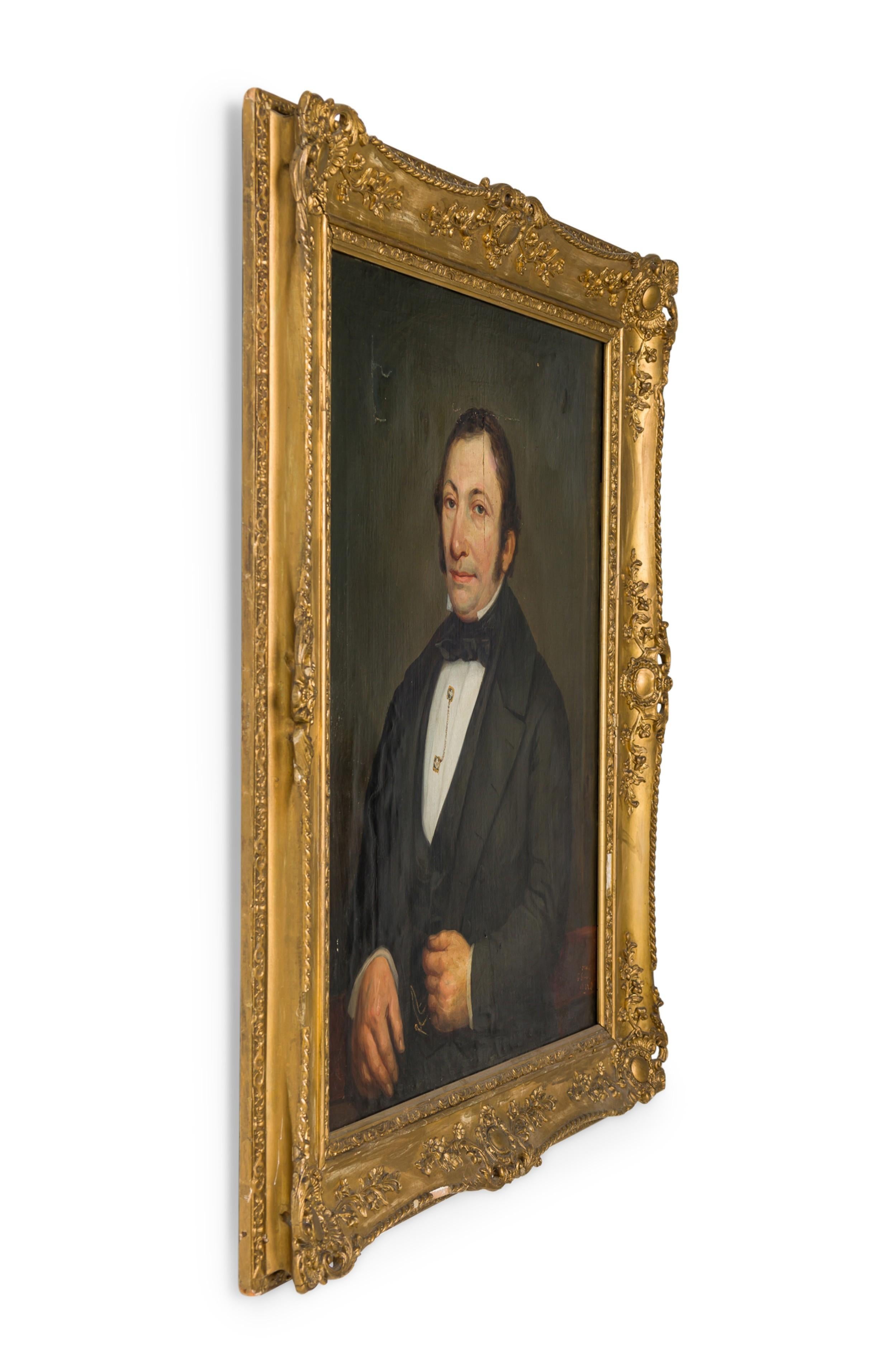 American Victorian gilt framed oil painting portrait of 19th Century man with stick pin and white shirt