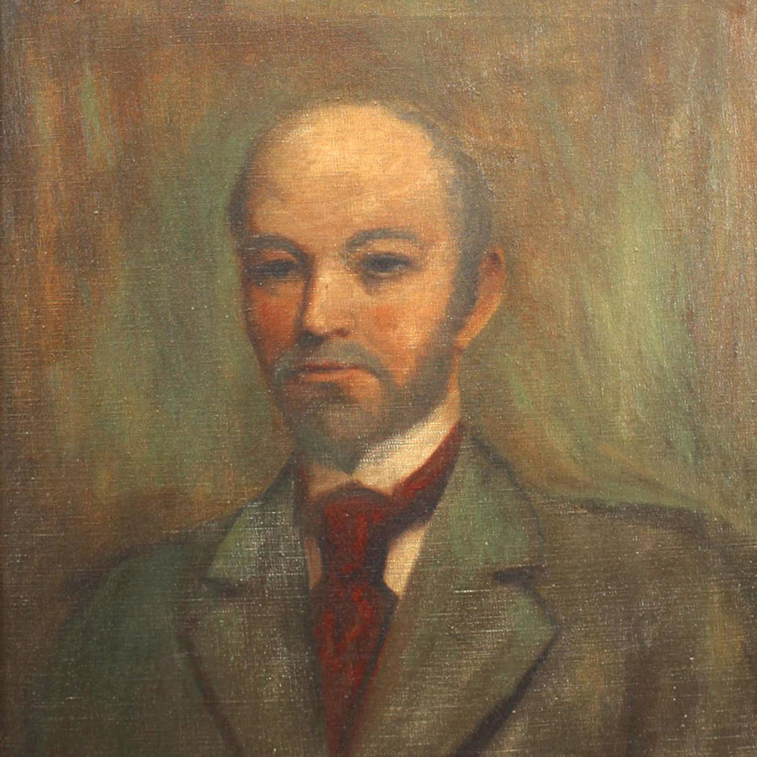 Amerikanisches viktorianisches Ölgemälde Porträt eines Mannes mit Bart und roter Krawatte in einem goldenen Perlenrahmen.