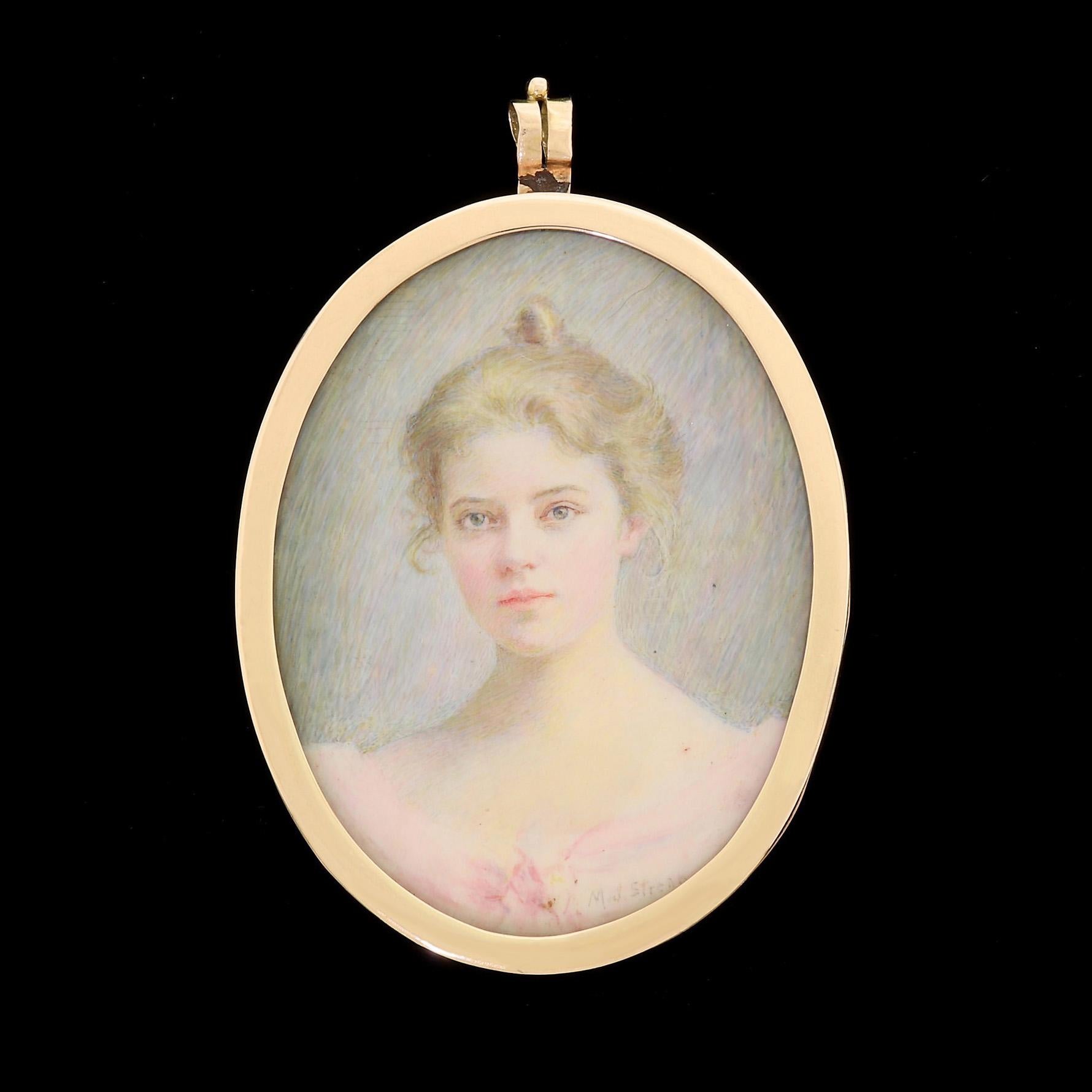 Presenting this beautiful and rare watercolor portrait by one of America's foremost female miniature portrait artists, Maria Judson Strean (1865–1949).
This never before seen piece of artwork was painted when Strean was only 33 years old, and could