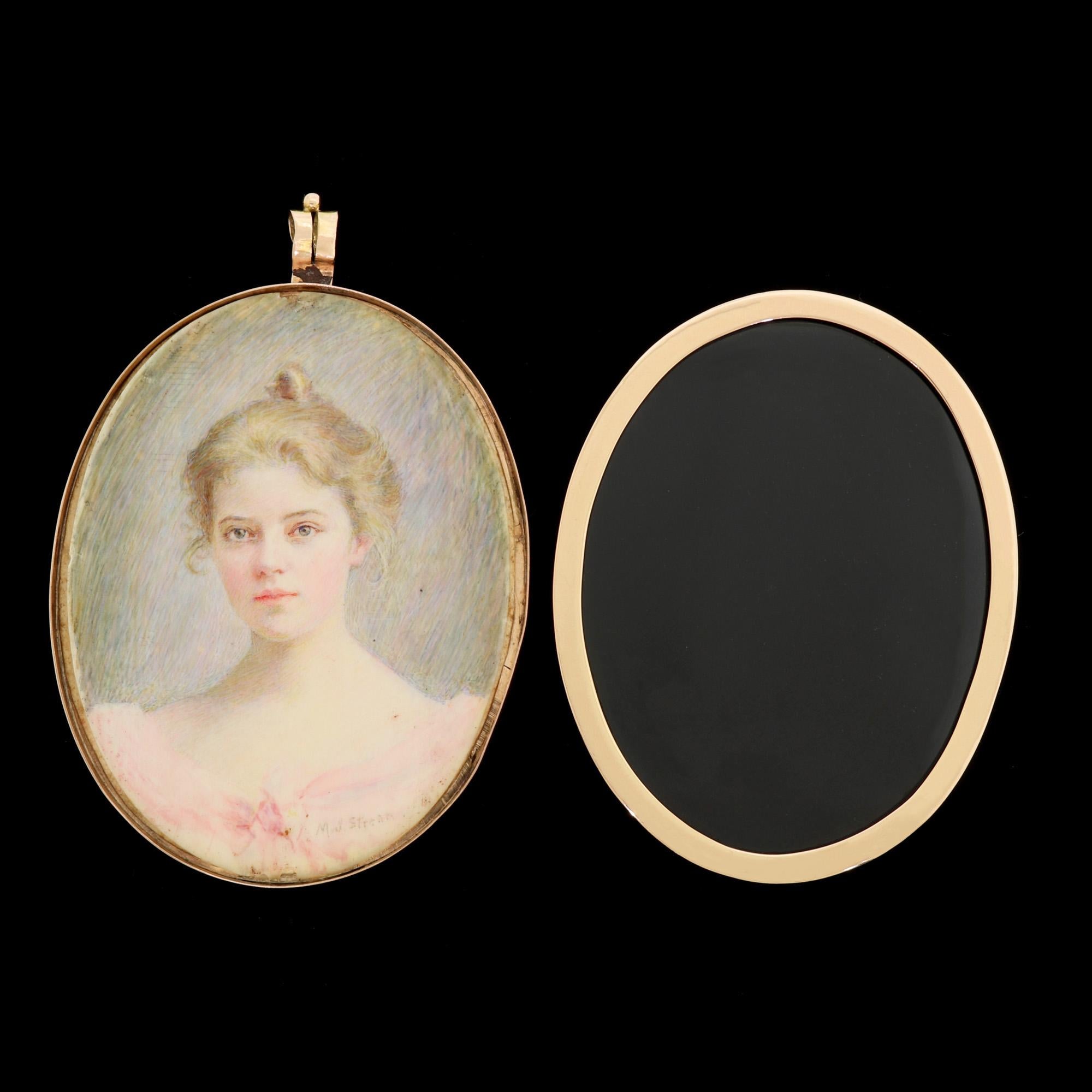Colgante victoriano americano Maria Judson Strean Retrato en miniatura de oro de 15 quilates en Bueno estado para la venta en Lauderdale by the Sea, FL