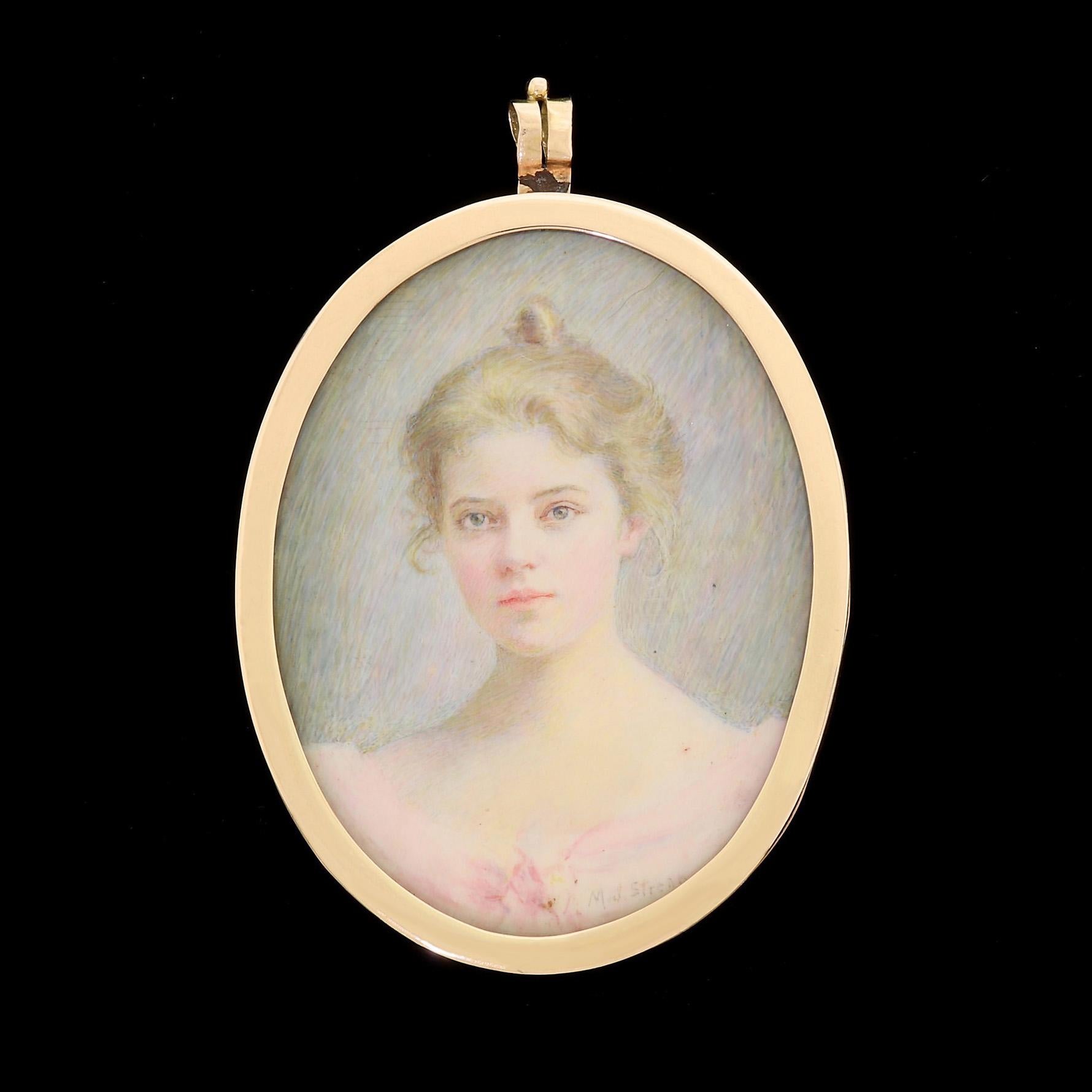 Women's or Men's American Victorian Maria Judson Strean Portrait Miniature Pendant in 15K Gold For Sale