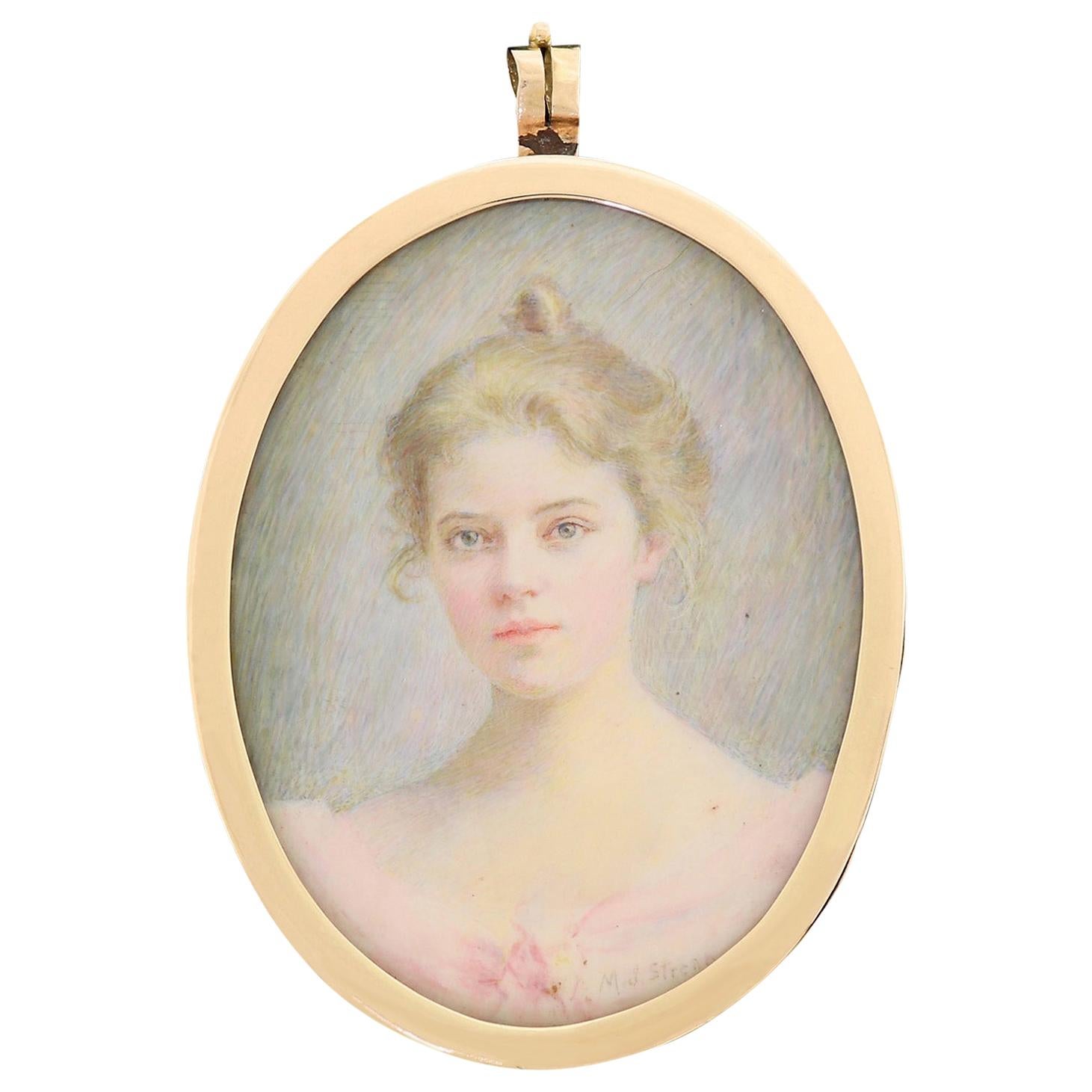 Amerikanische viktorianische Maria Judson Strean Porträt Miniatur Anhänger in 15K Gold im Angebot