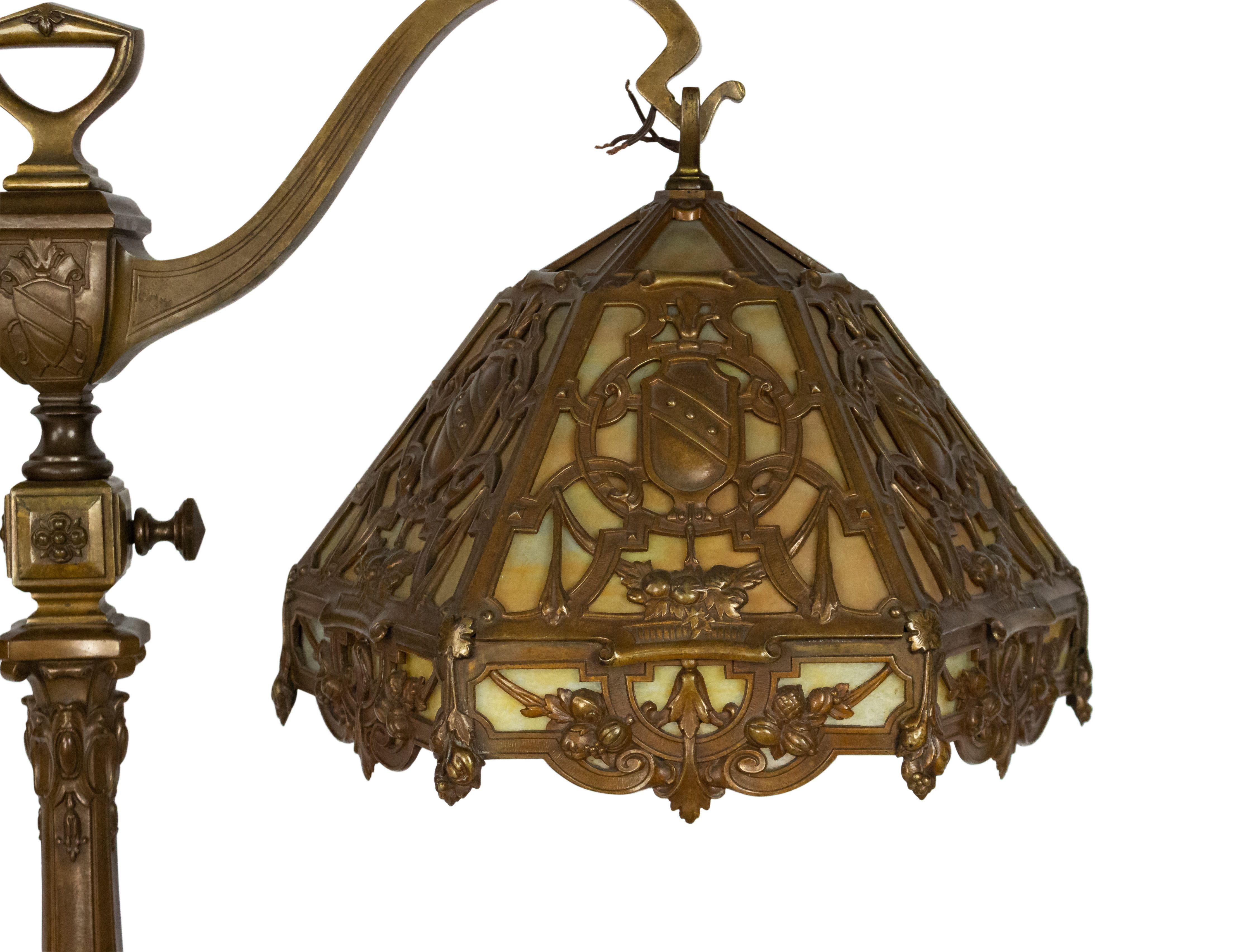 American Victorian monumental bronze double arm student lamp with 6 sided amber glass filigree shades (CALDWELL).
