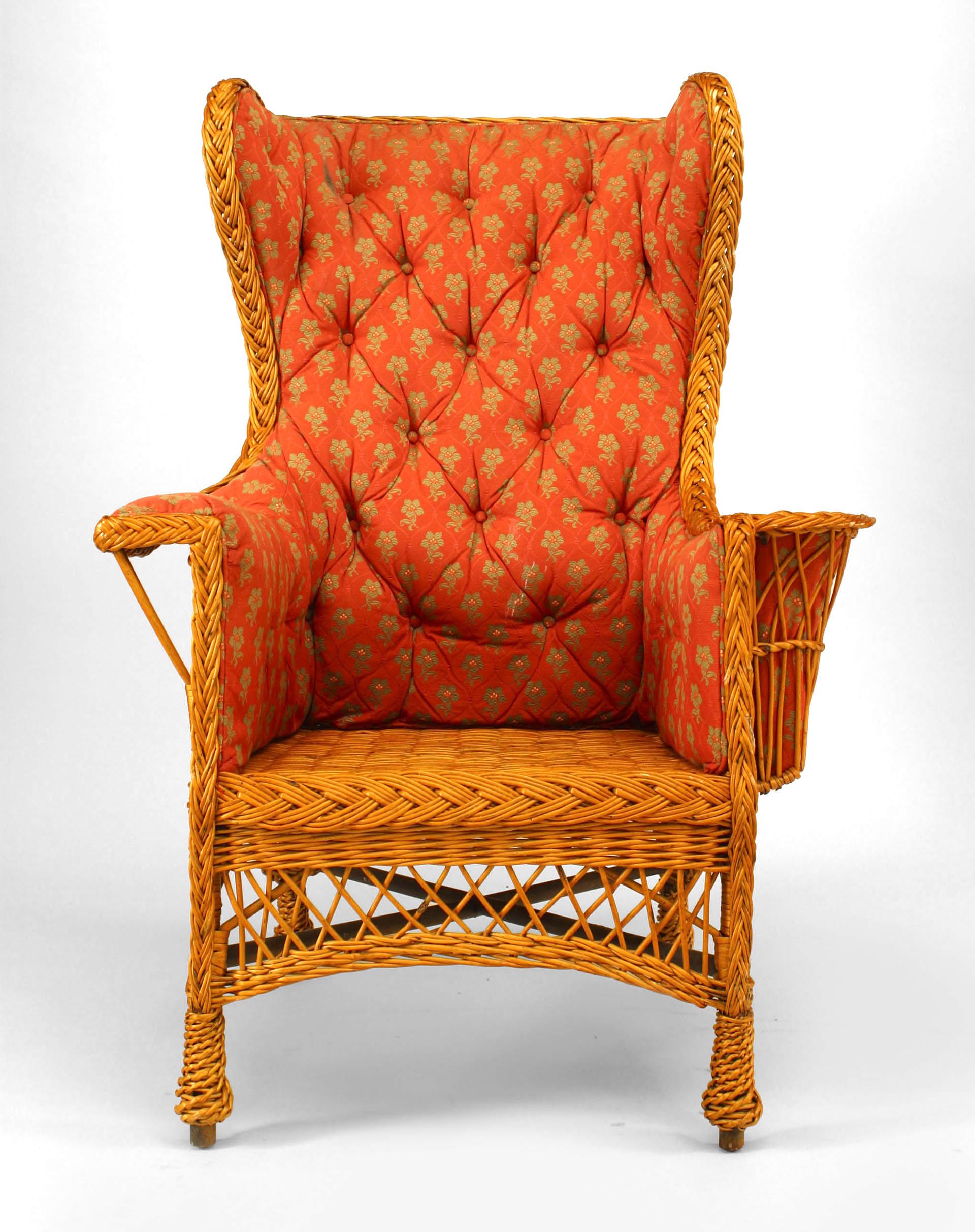 American Victorian natural wicker high square back wing chair with one magazine pocket arm
