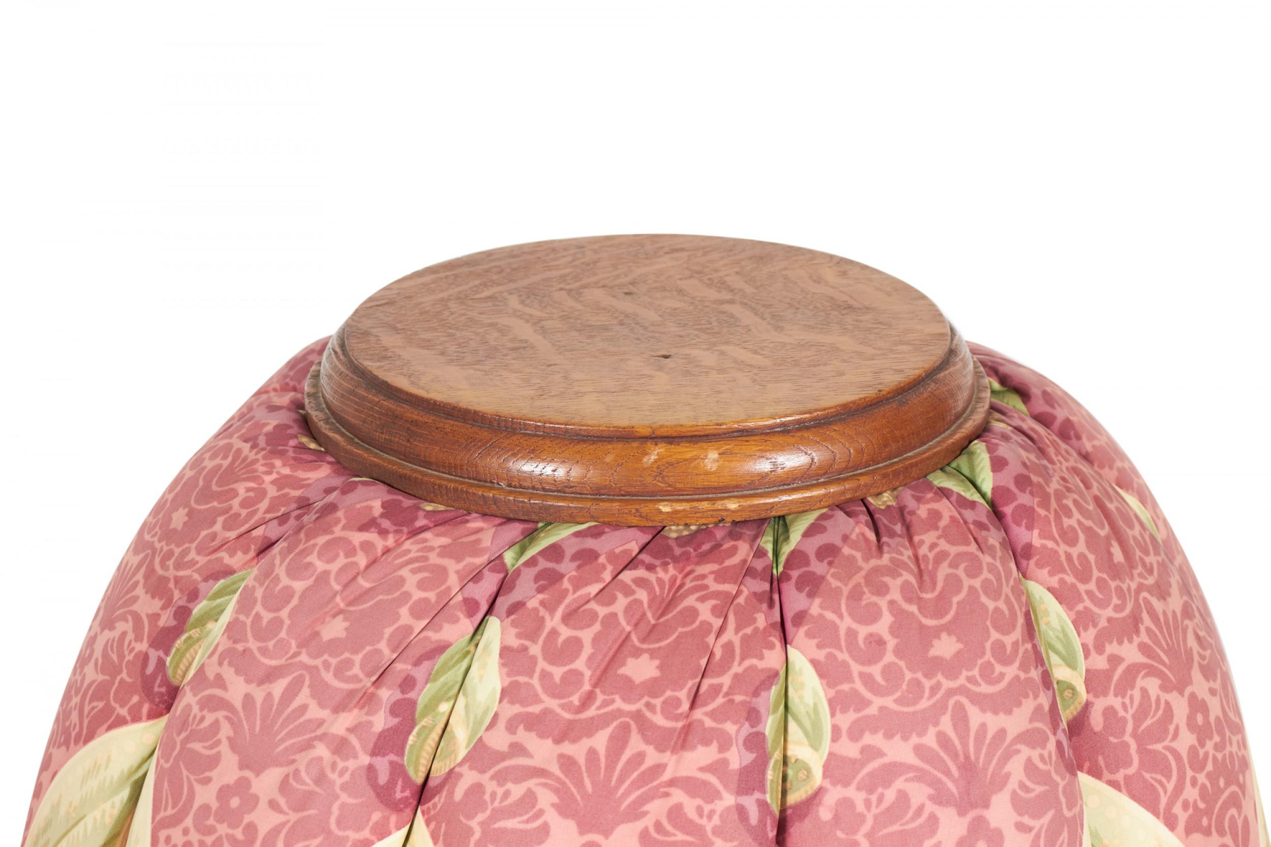 American Victorian Oak and Pink and Green Patterned Fabric Upholstered Circular  For Sale 1