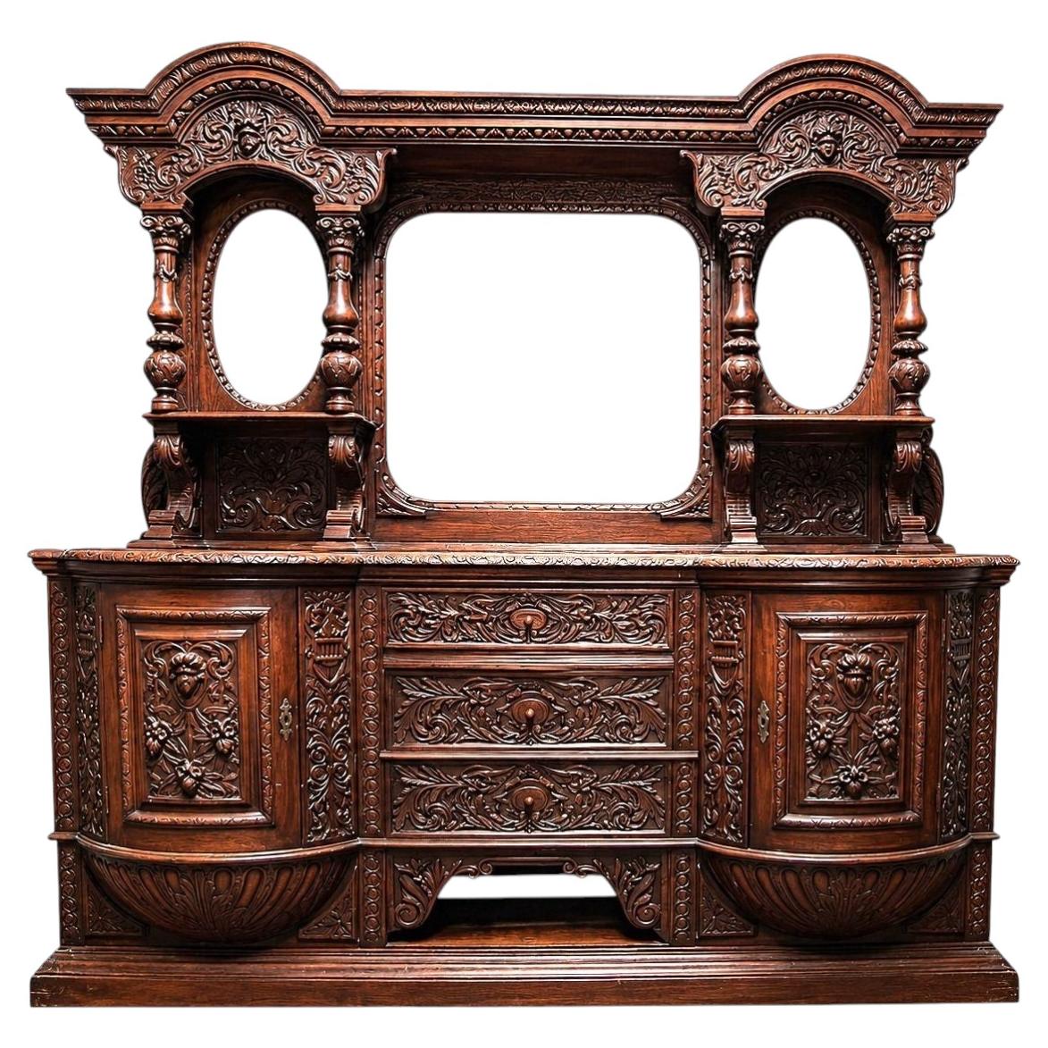 American Victorian Oak Sideboard with Carved Details & Triple Mirror, c.1880 For Sale