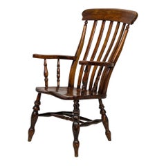 American Victorian Oak Slat Back Armchair with Shaped Seat and Turned Supports