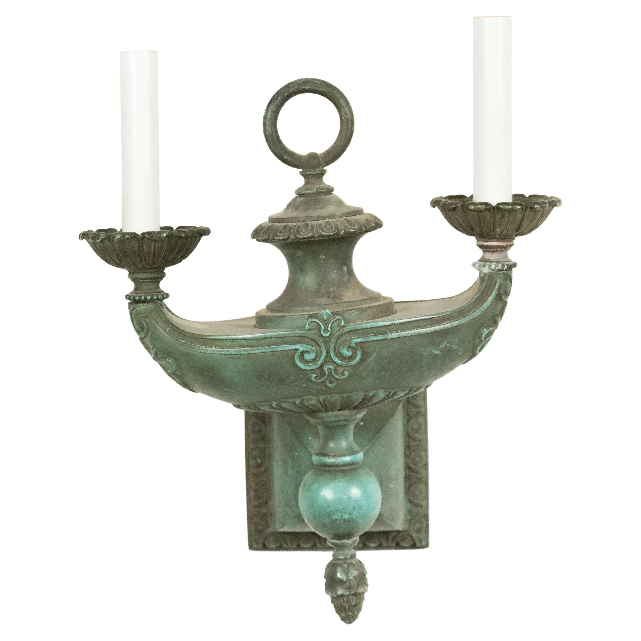 American Victorian Patinated Bronze Aladdin Lamp Wall Sconce For Sale