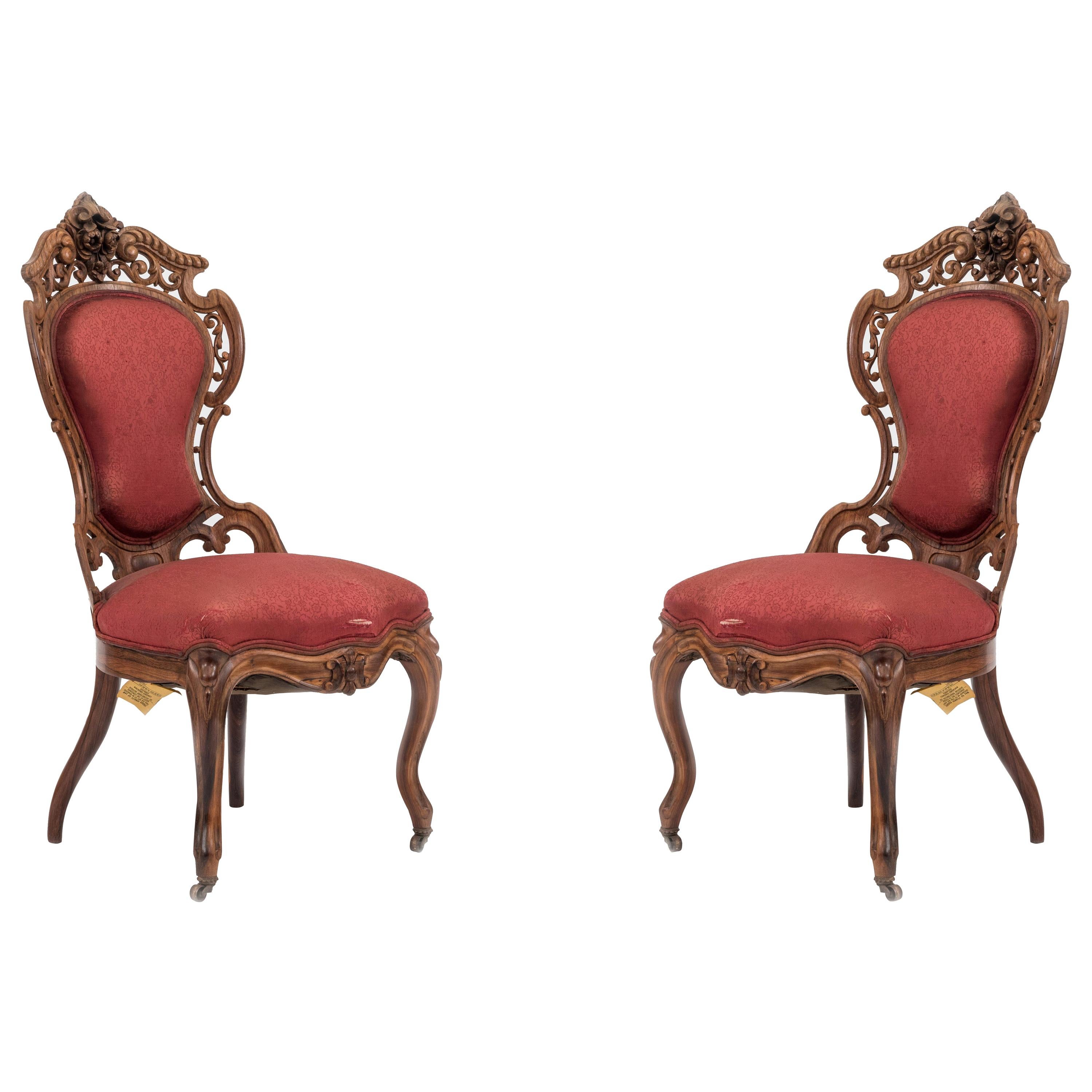 Pair of American Victorian Red Damask Side Chairs