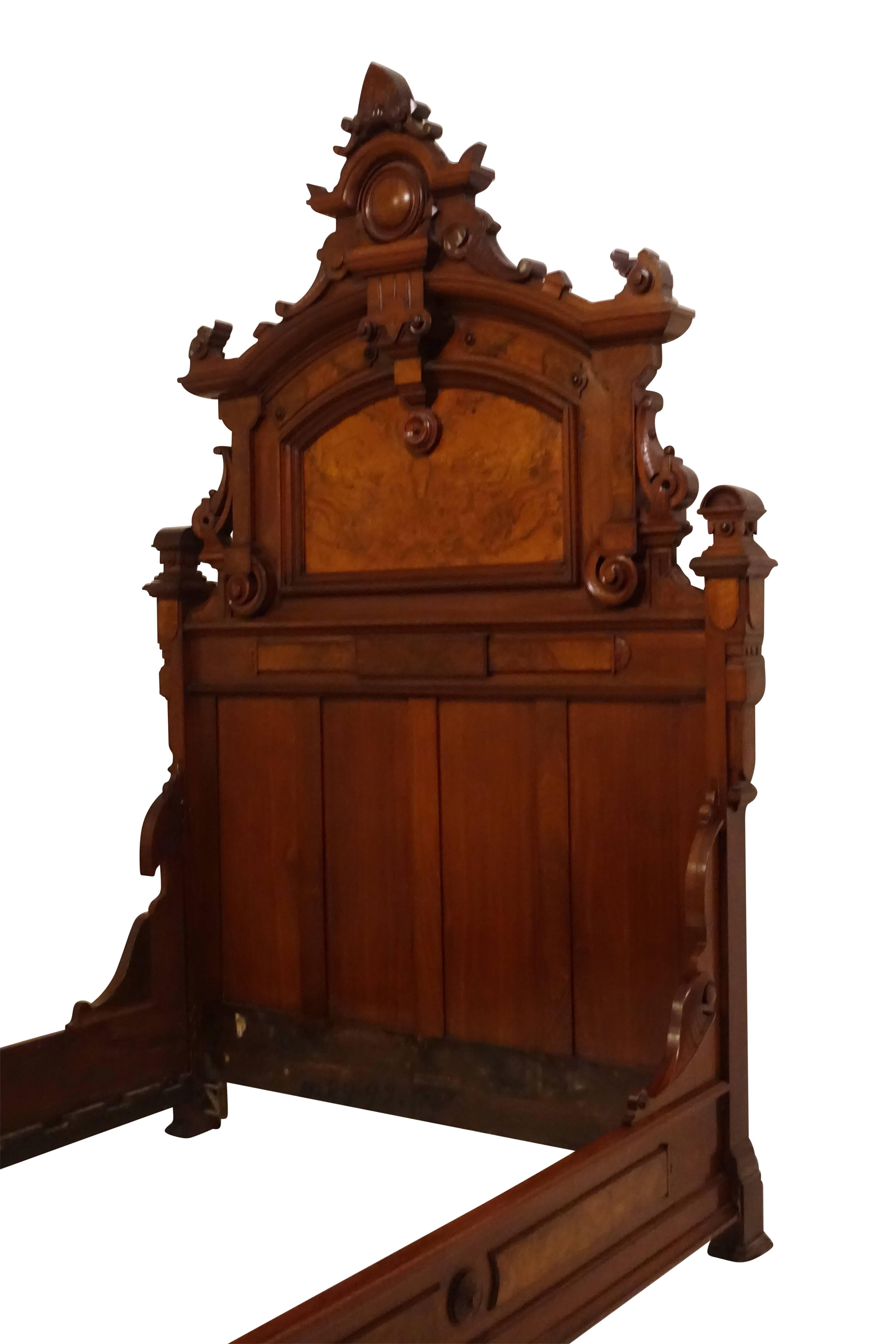 Carved American Victorian Renaissance Walnut and Burl Walnut Bed, circa 1880