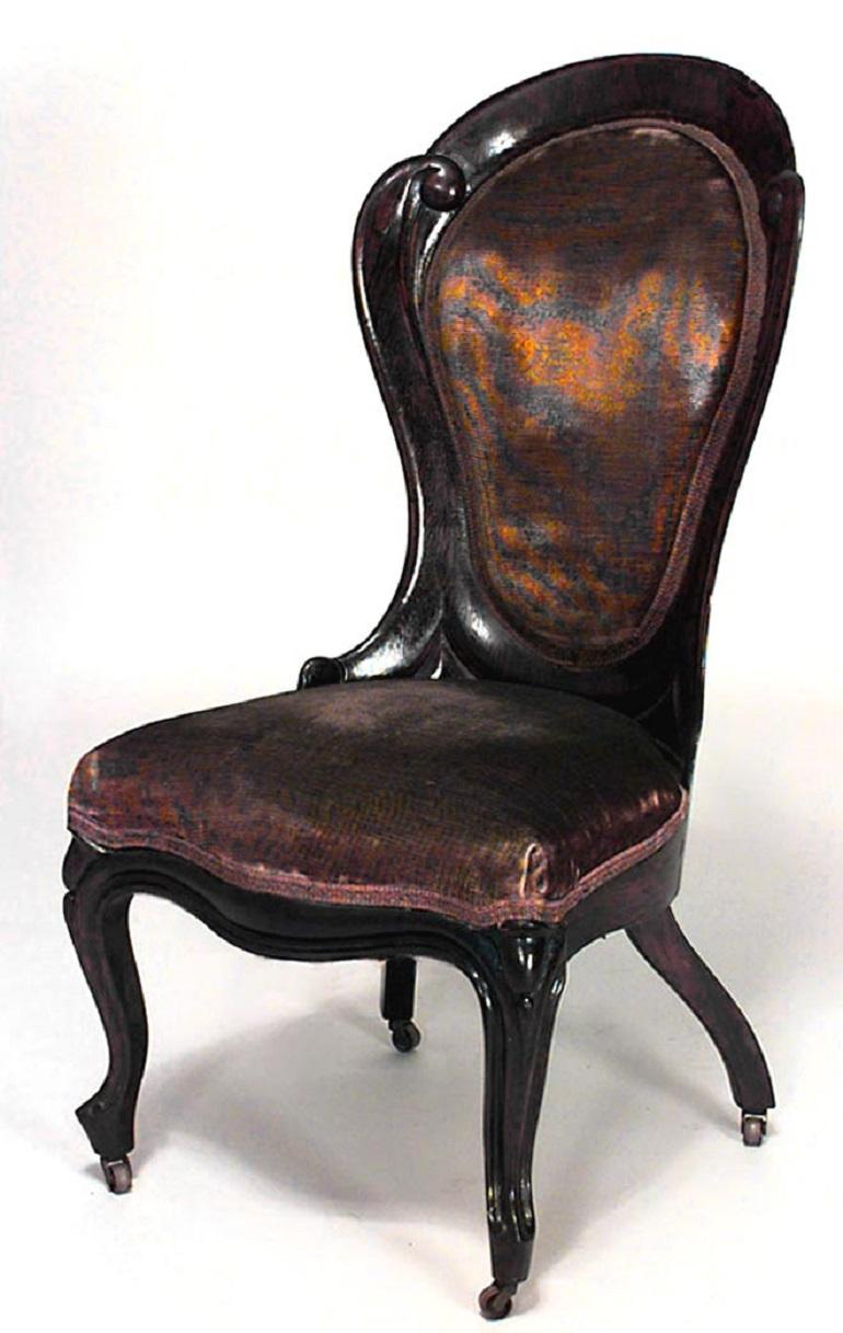 American Victorian rosewood 6 piece salon set with scroll design back. Upholstery varies in color and condition. (att: John Henry Belter) (2 sofas, 1 arm chair, 3 side chairs).
 