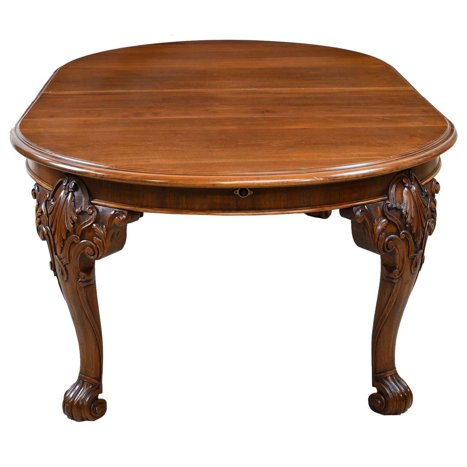 Hand-Crafted American Victorian Solid Walnut Crank Dining Table w/ 3 Skirted Leaves, c 1870 