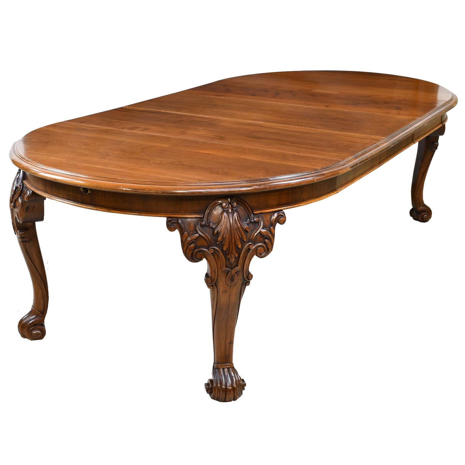 19th Century American Victorian Solid Walnut Crank Dining Table w/ 3 Skirted Leaves, c 1870 