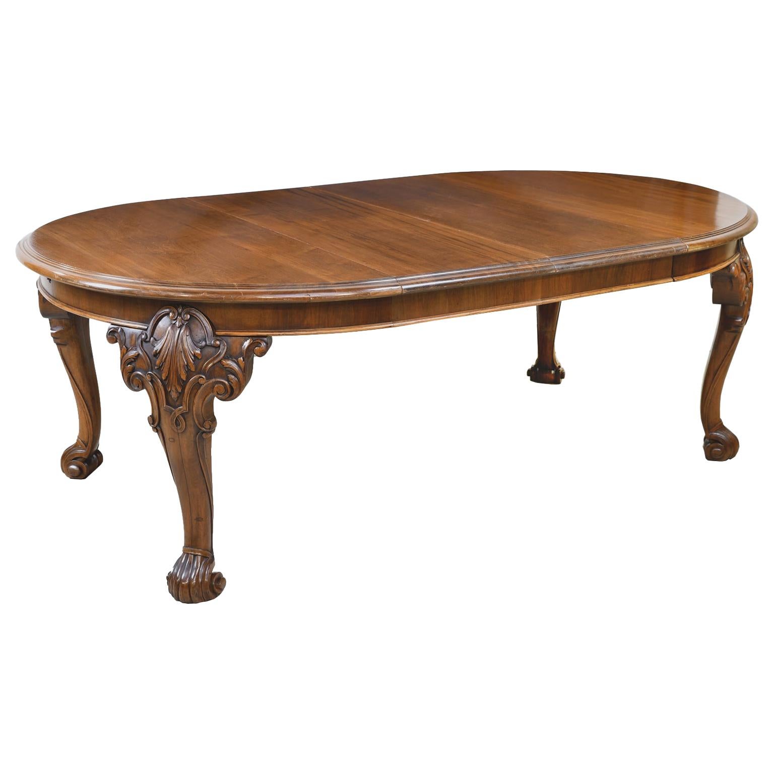 American Victorian Solid Walnut Crank Dining Table w/ 3 Skirted Leaves, c 1870 