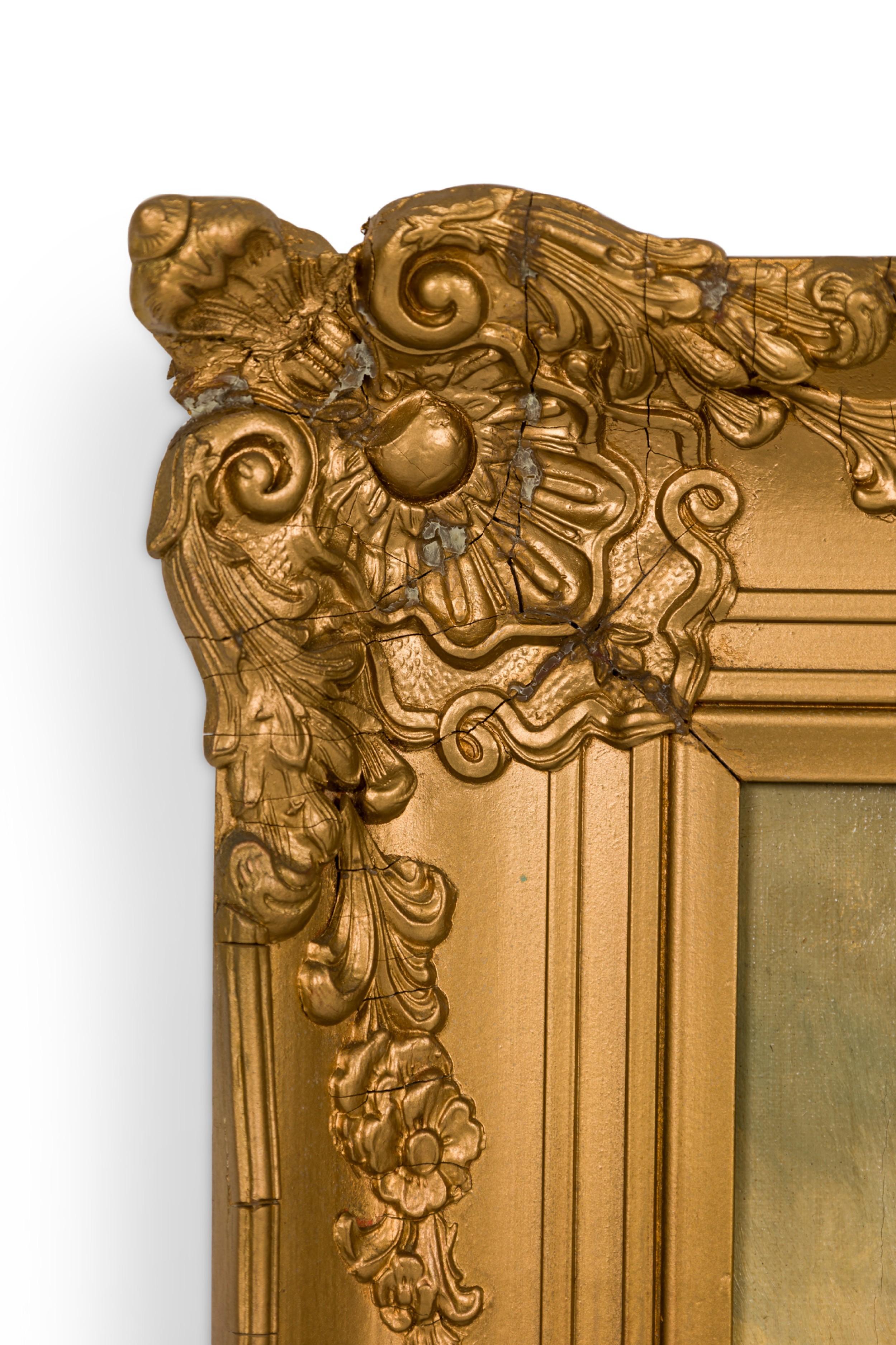 Quadro marino in stile vittoriano americano (metà del XX secolo) raffigurante un veliero a tre alberi su acque agitate in una cornice intagliata in oro (firmato  G(unter) SEEKATZ)