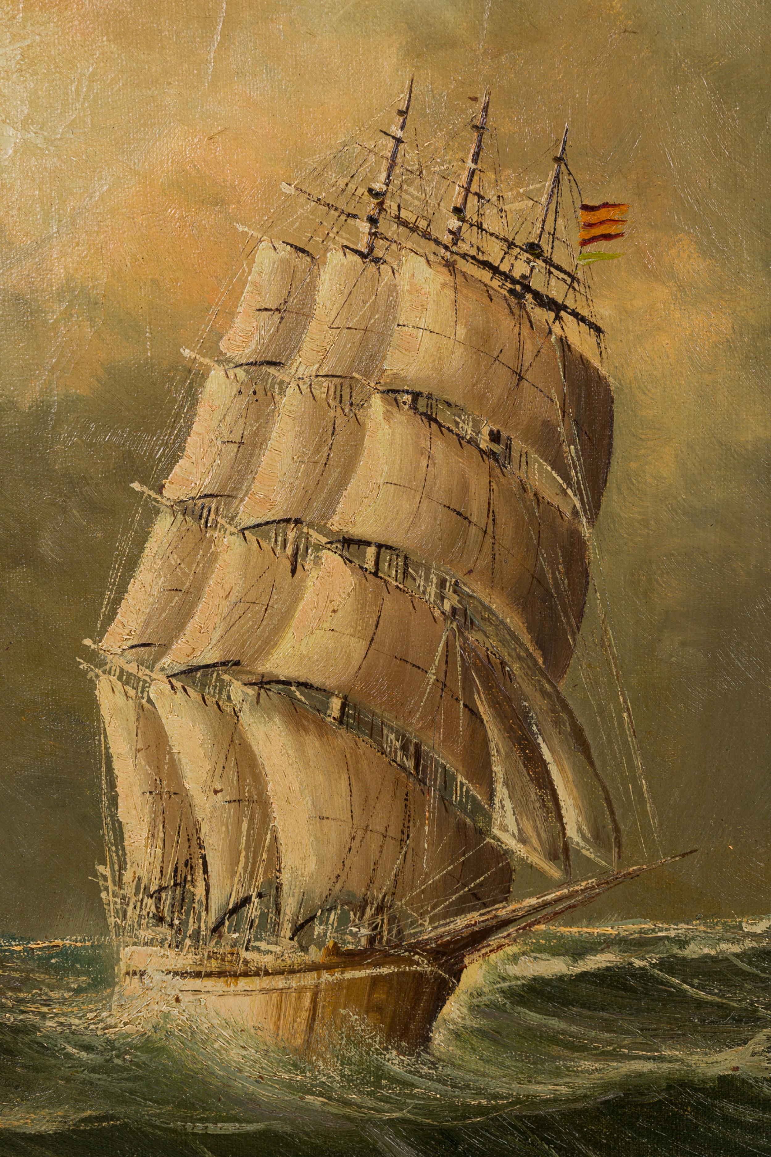 Intagliato a mano Quadro vittoriano americano di paesaggio marino con una barca a vela in vendita