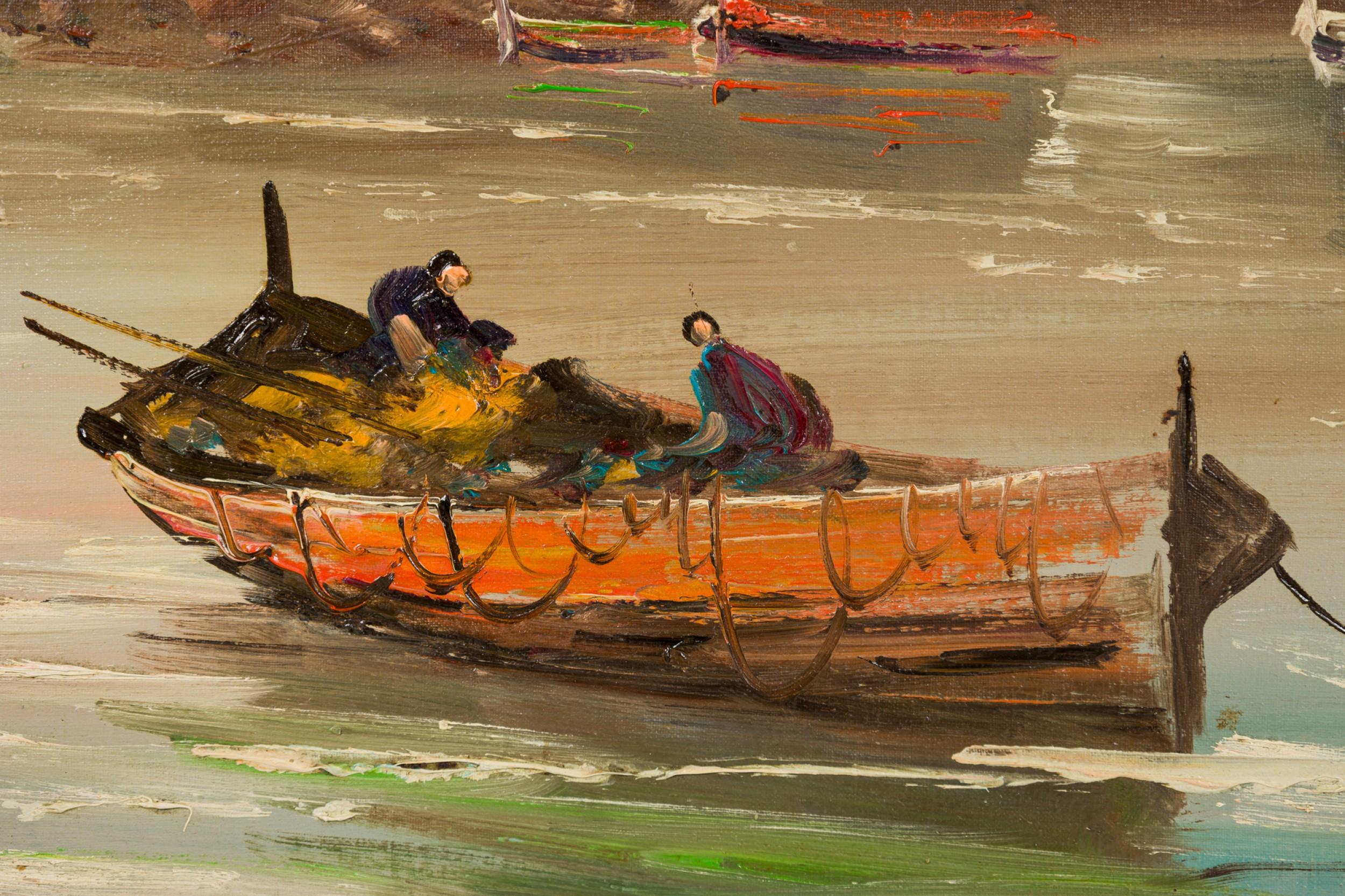 American Mid-Century Seascape Painting of Two Row Boats in a Lake with a building in the background in a gold frame (signed: GIORDANO)