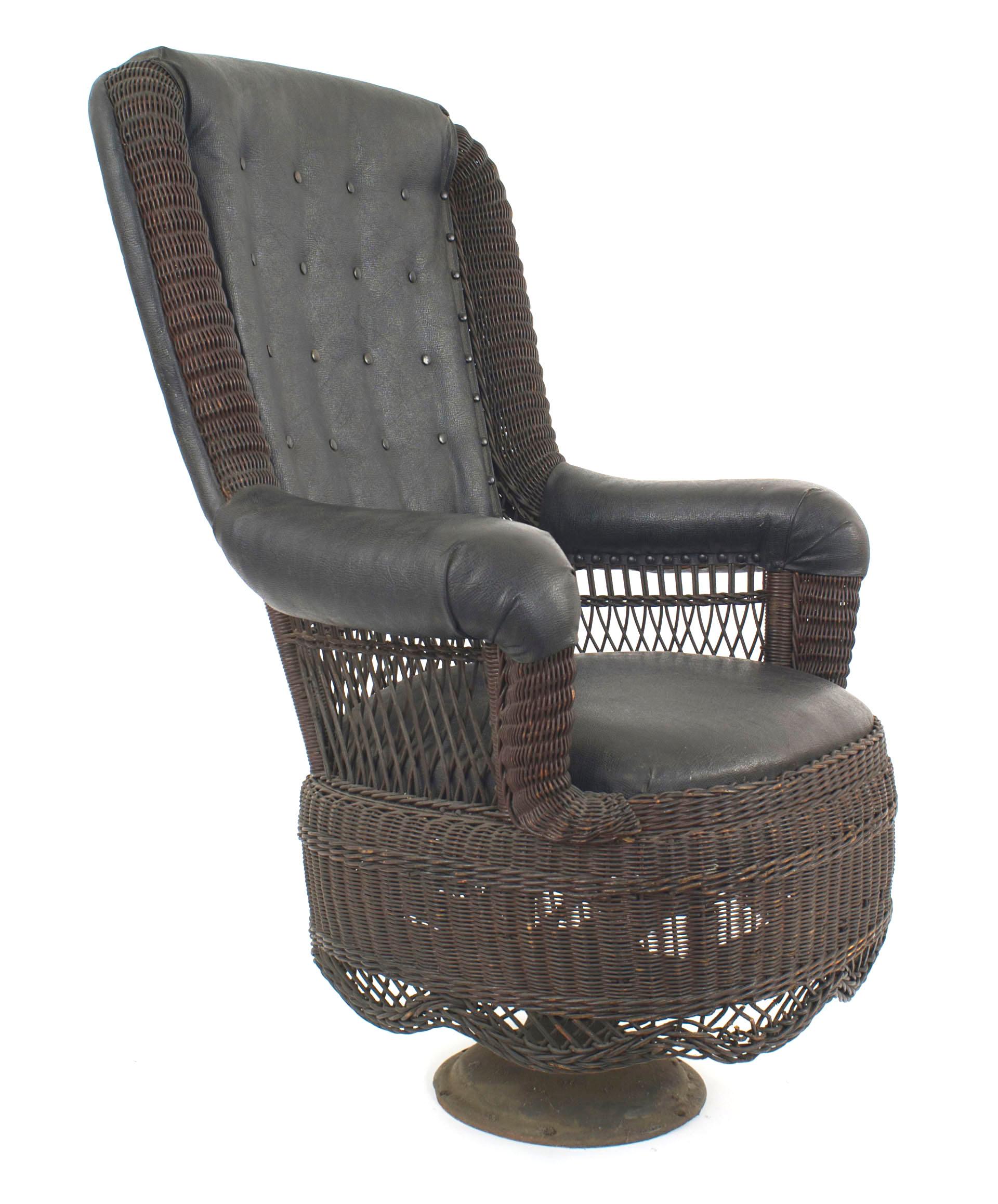 Leather American Victorian Natural Wicker Swivel Chair For Sale