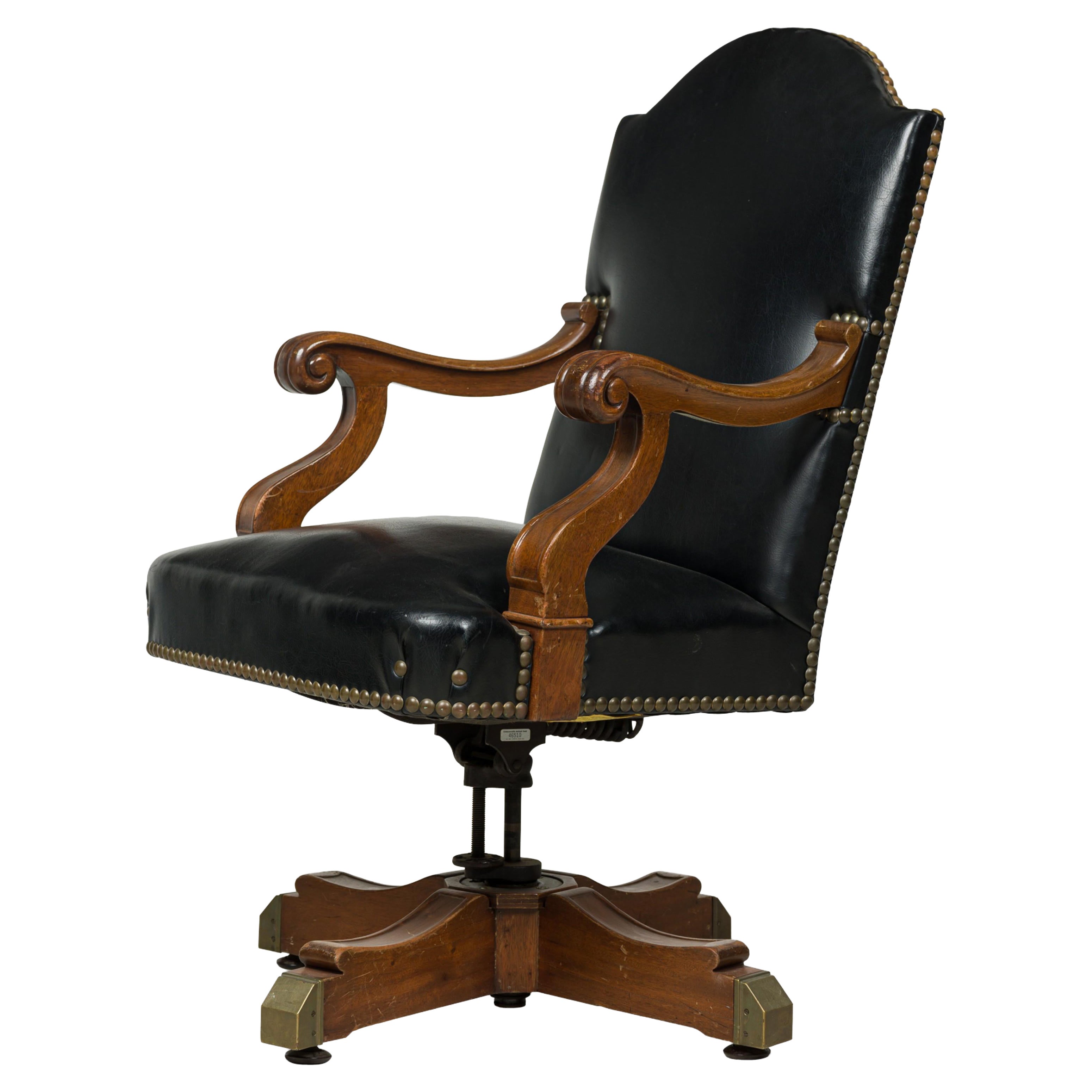 American Victorian Style Black Leather Upholstered Swivel Chair For Sale