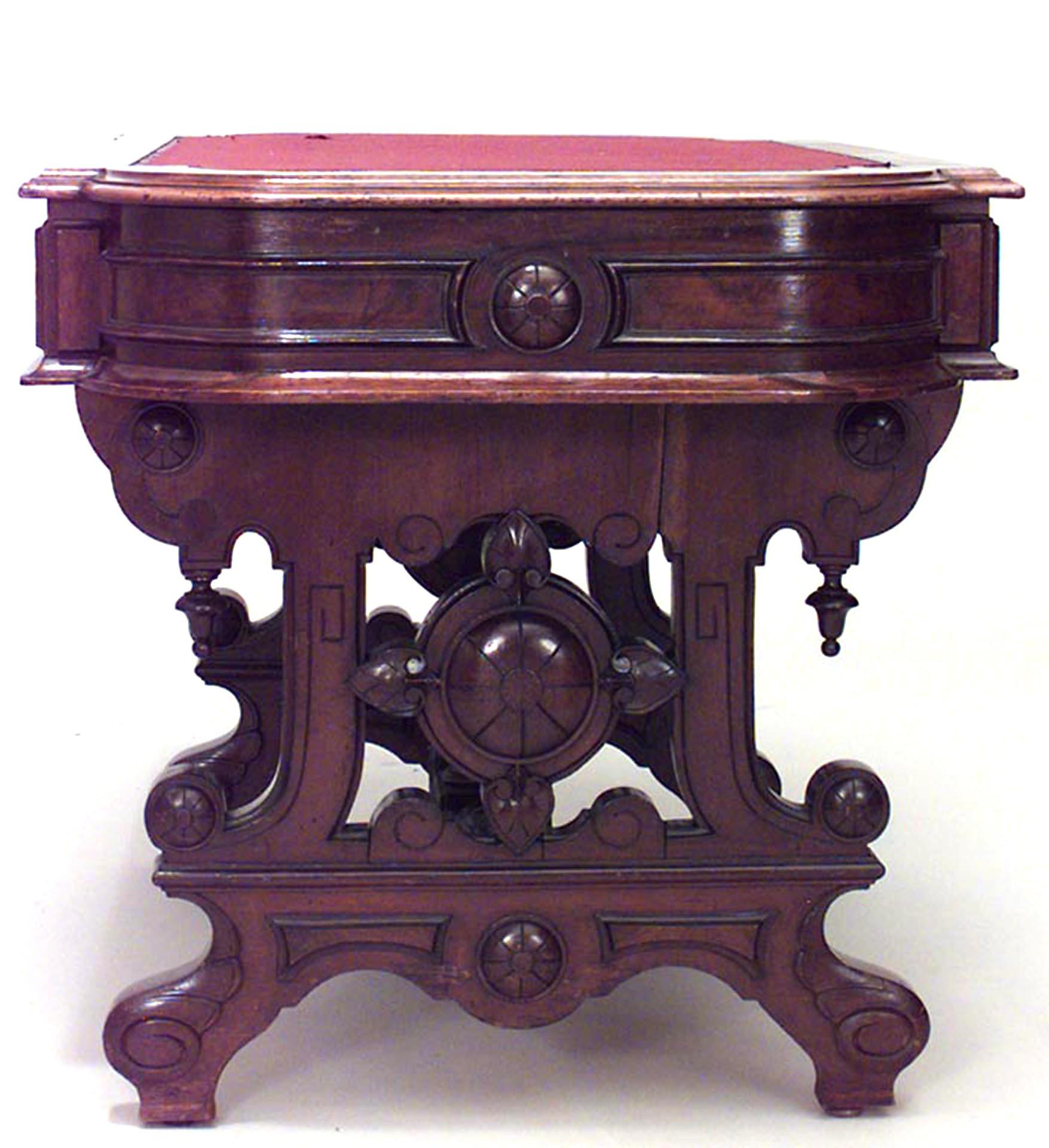 American Victorian burl walnut 2 drawer table desk with stretcher and red felt top.
