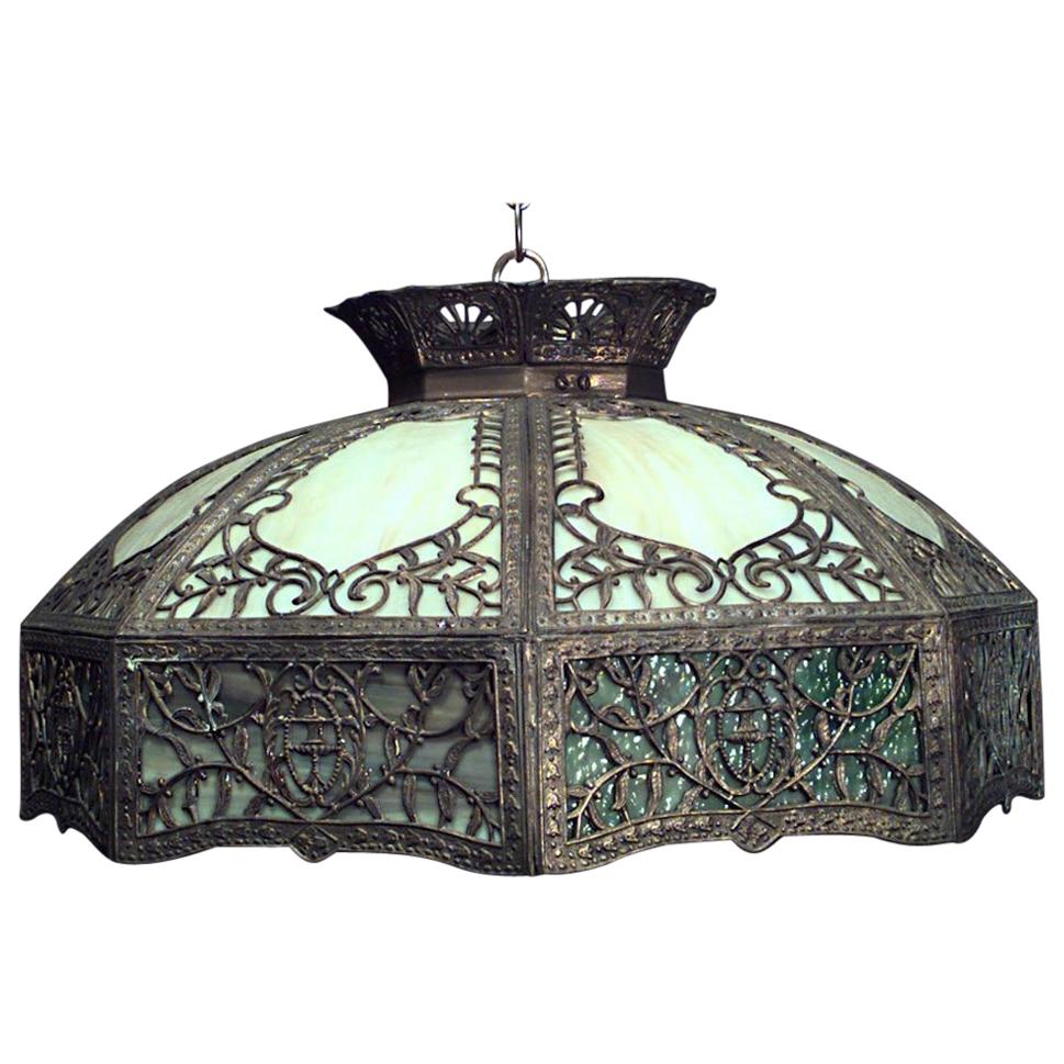 American Victorian Tiffany Style Stained Glass Bronze Shade For Sale