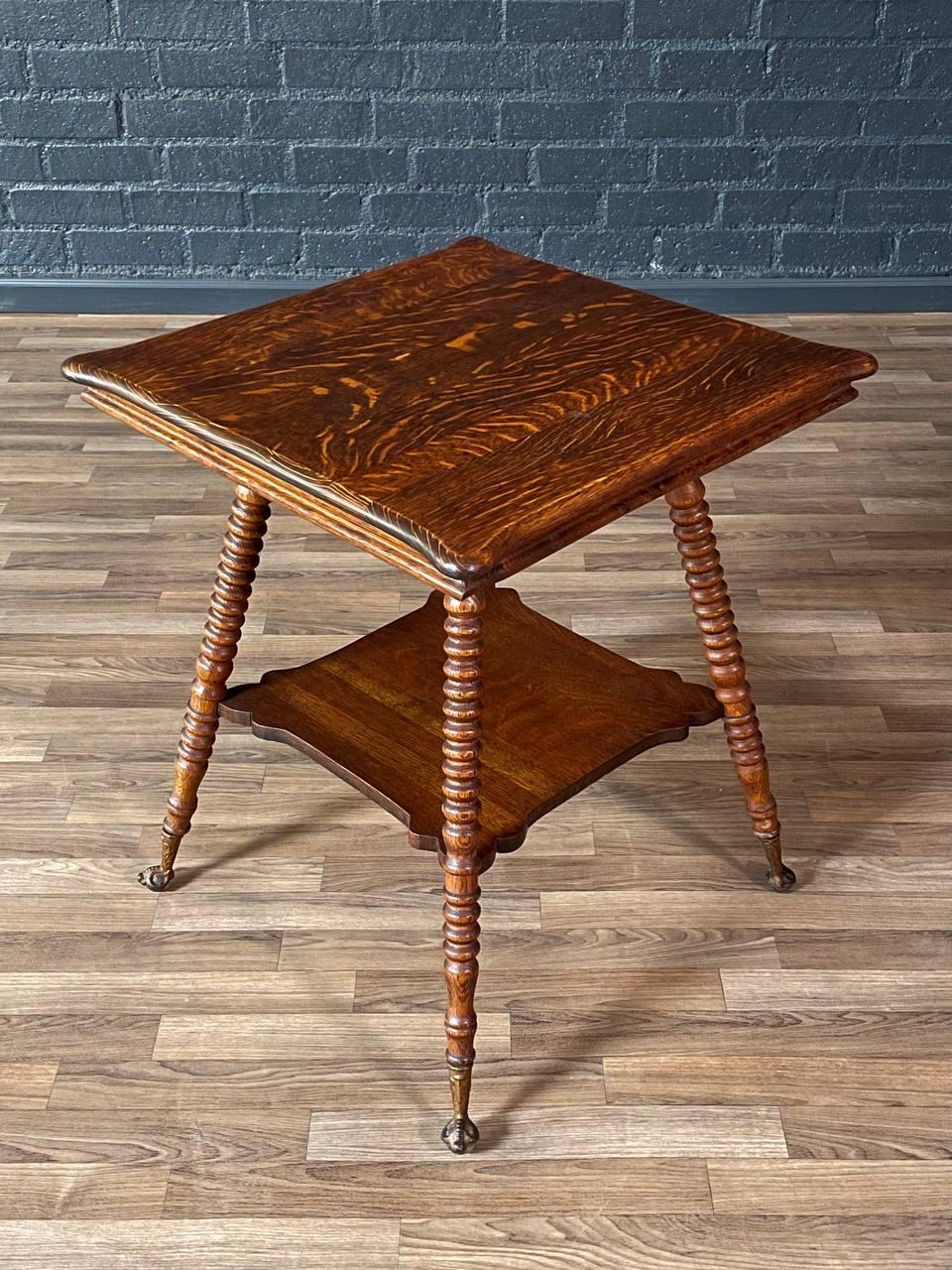 Mid-20th Century American Victorian Tiger Oak Side Table w/ Barley Twist Legs & Claw Feet For Sale