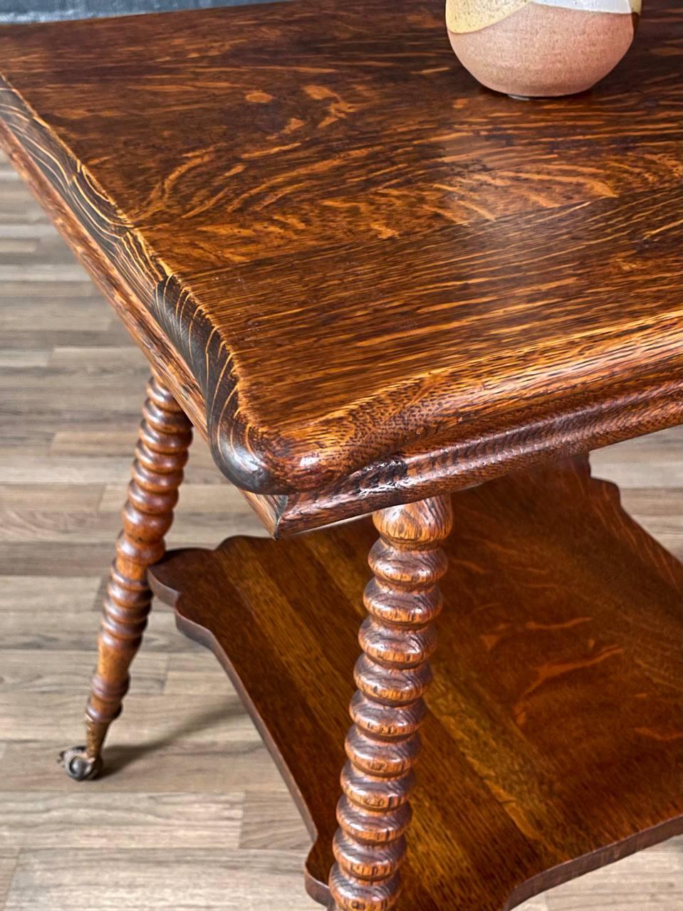 American Victorian Tiger Oak Side Table w/ Barley Twist Legs & Claw Feet For Sale 1