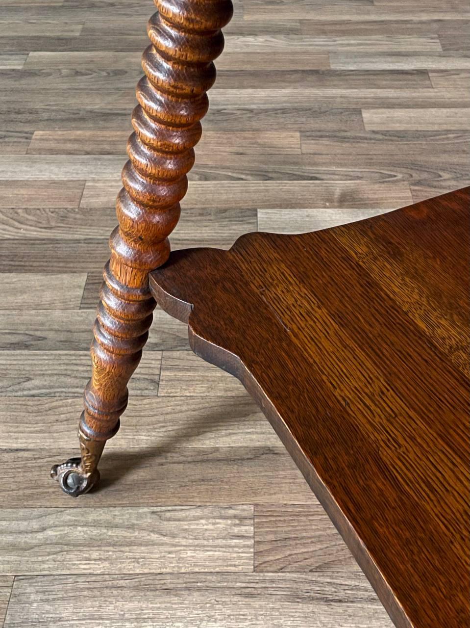 American Victorian Tiger Oak Side Table w/ Barley Twist Legs & Claw Feet For Sale 2
