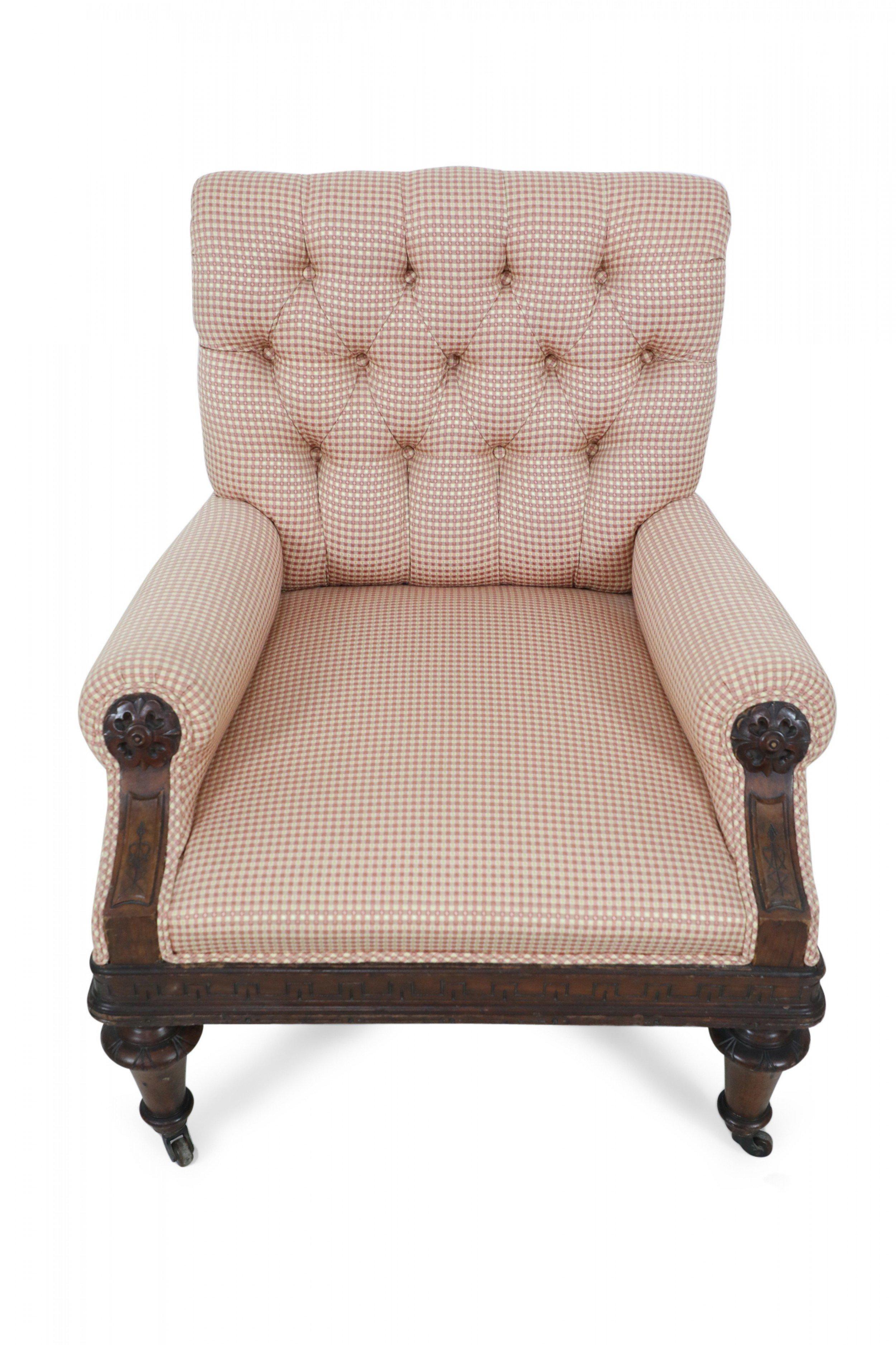 Upholstery American Victorian Tufted Upholstered Red and Beige Checkered Mahogany Armchair For Sale