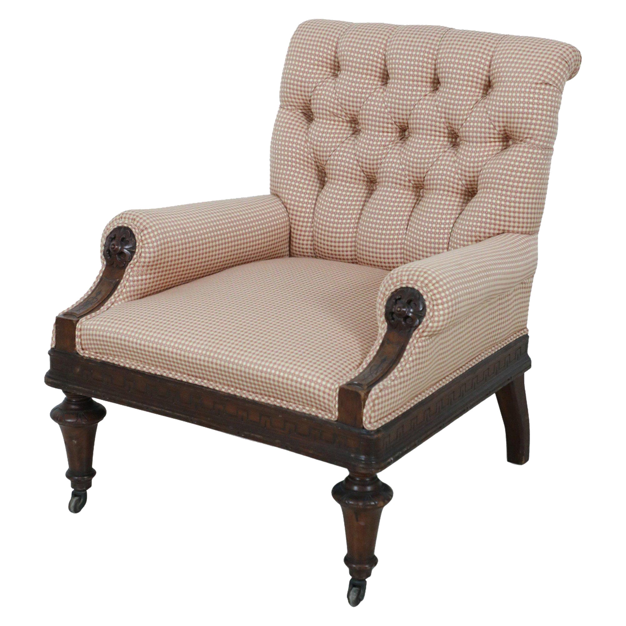Fauteuil victorien en acajou tapissé à damier rouge et beige