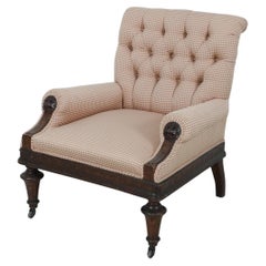 Antique American Victorian Tufted Upholstered Red and Beige Checkered Mahogany Armchair