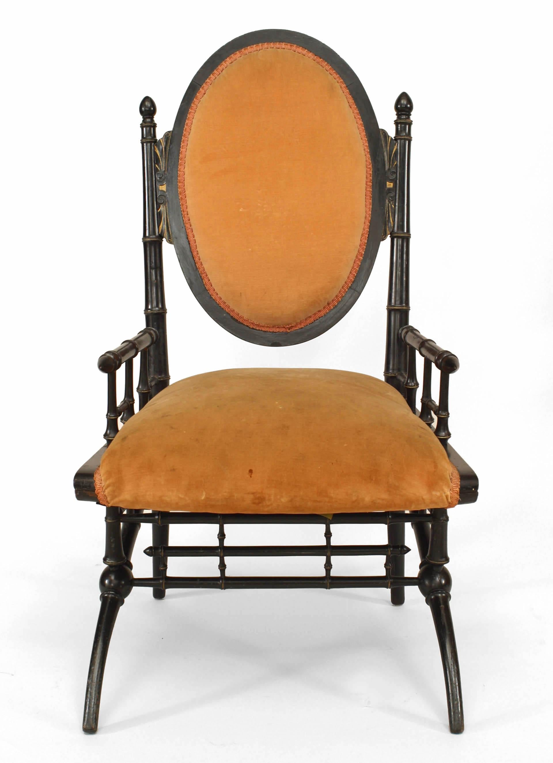 Ebonized American Victorian Velvet Arm Chair For Sale