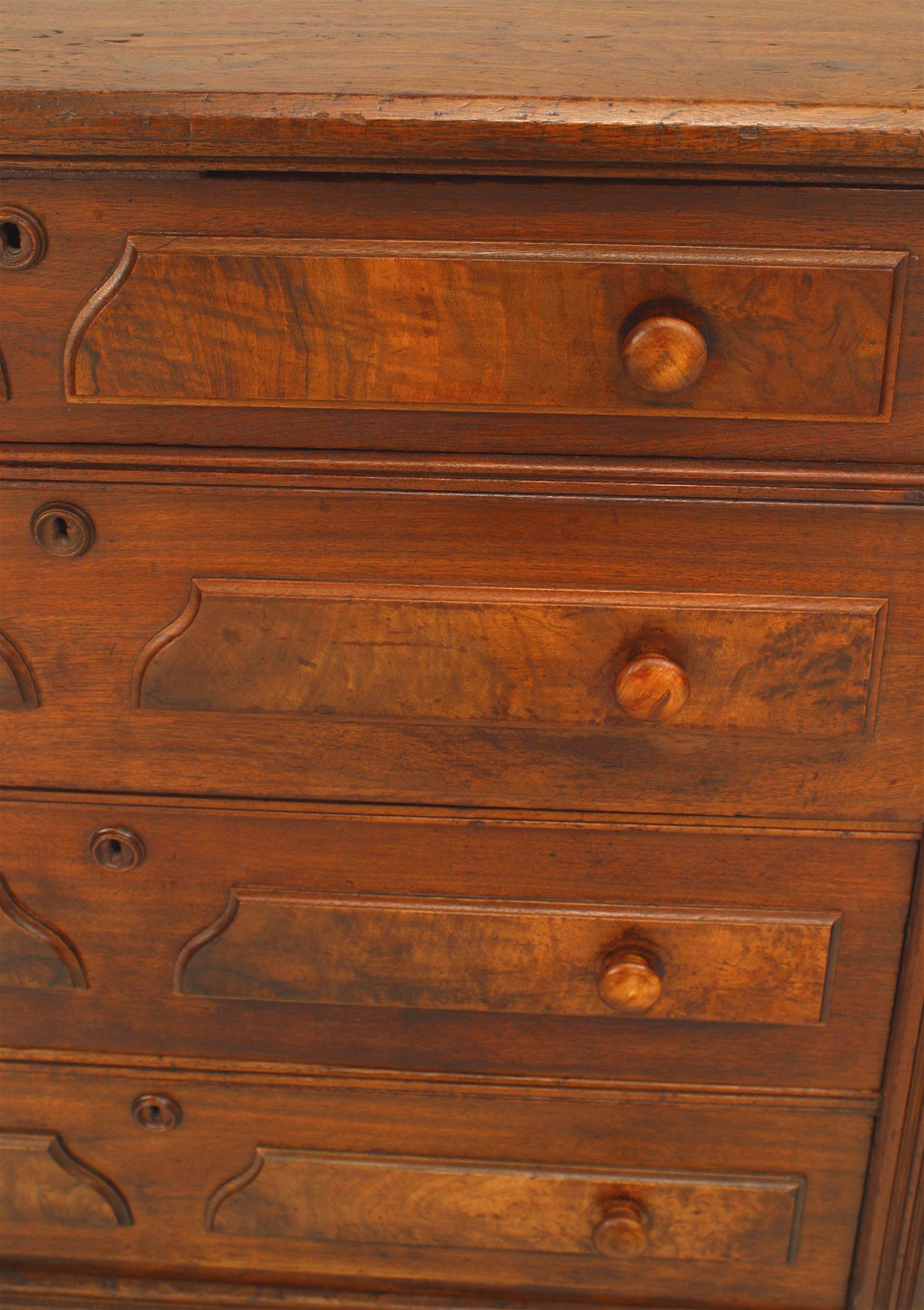 American Victorian walnut chest with fluted sides and 4 drawers with 2 burl wood panels on each drawer.
