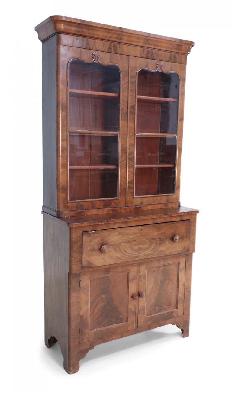 American Victorian Walnut Secretary Glass Front Cabinet In Good Condition For Sale In New York, NY