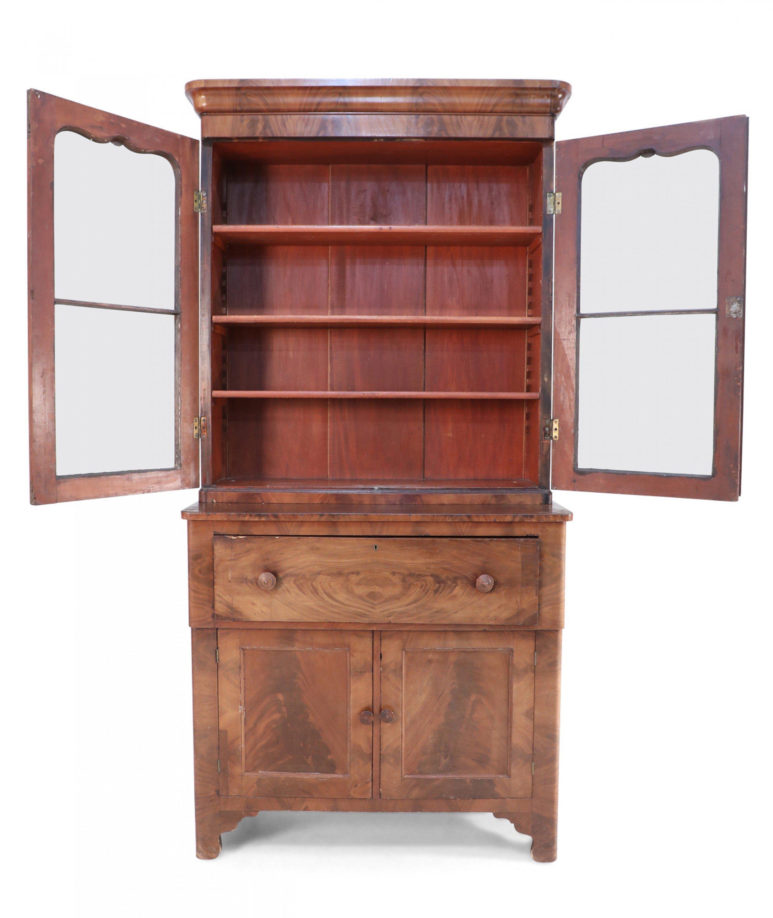 American Victorian Walnut Secretary Glass Front Cabinet For Sale 2