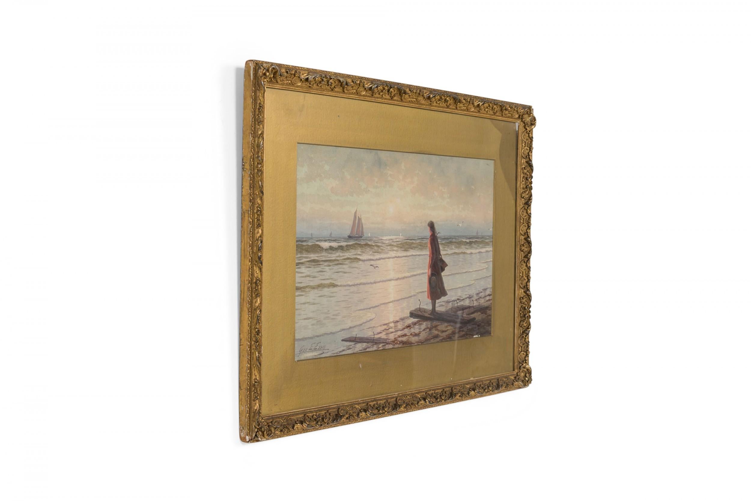 American Victorian 19th Cent watercolor of girl wearing red dress on shore with boats in background in gilt frame (signed George Essing)