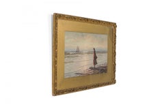 19th Century American Victorian Watercolor, Girl in Red Dress, Framed