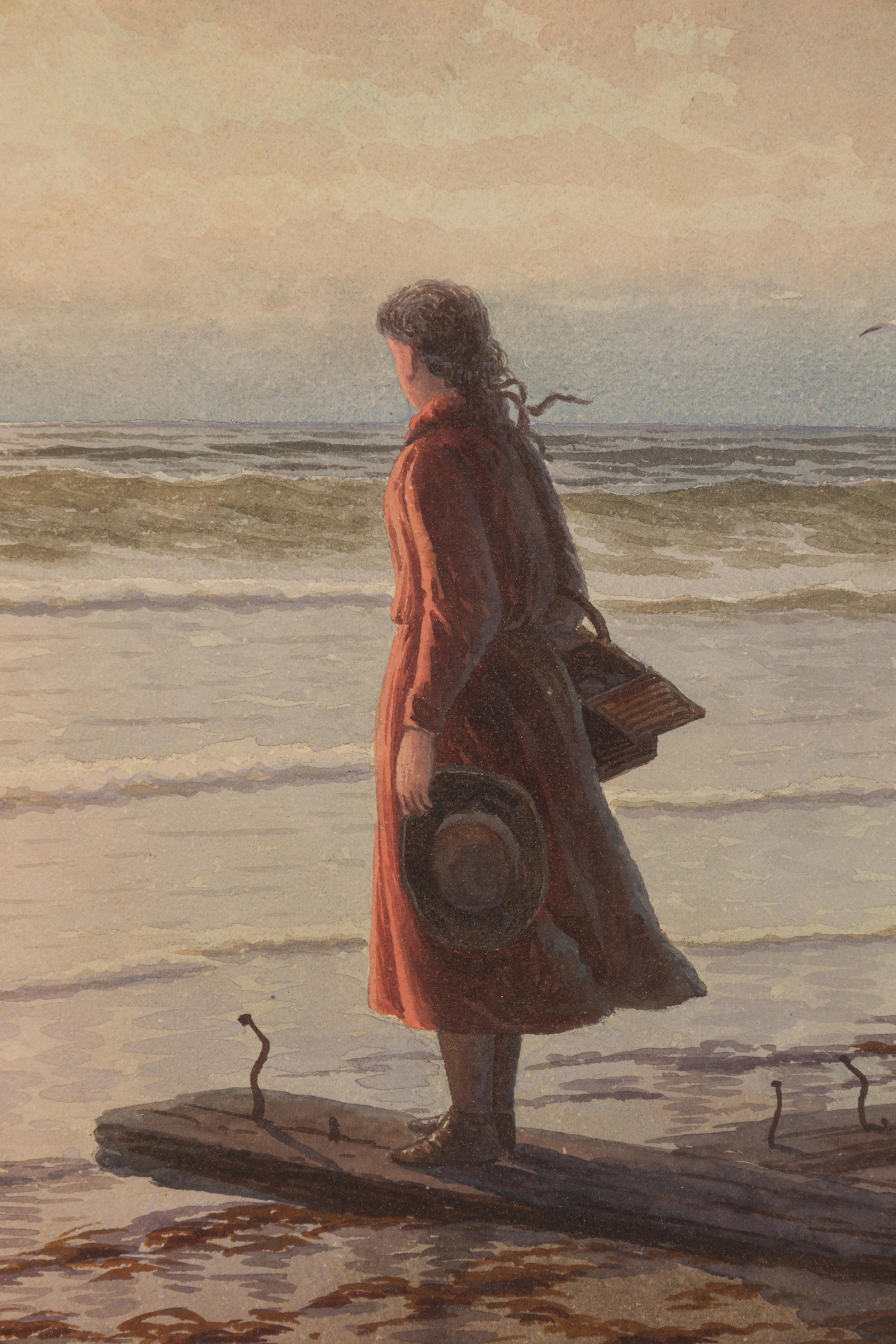 19th Century American Victorian Watercolor of Girl in Red Dress For Sale