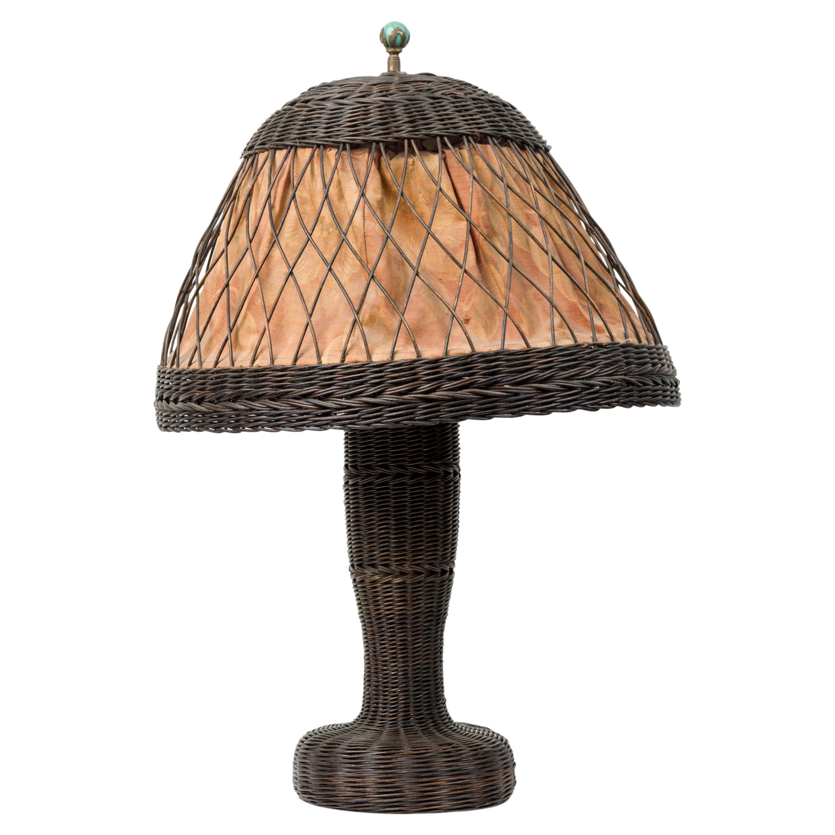American Victorian Wicker and Brass Table Lamp with Conical Lattice Wicker