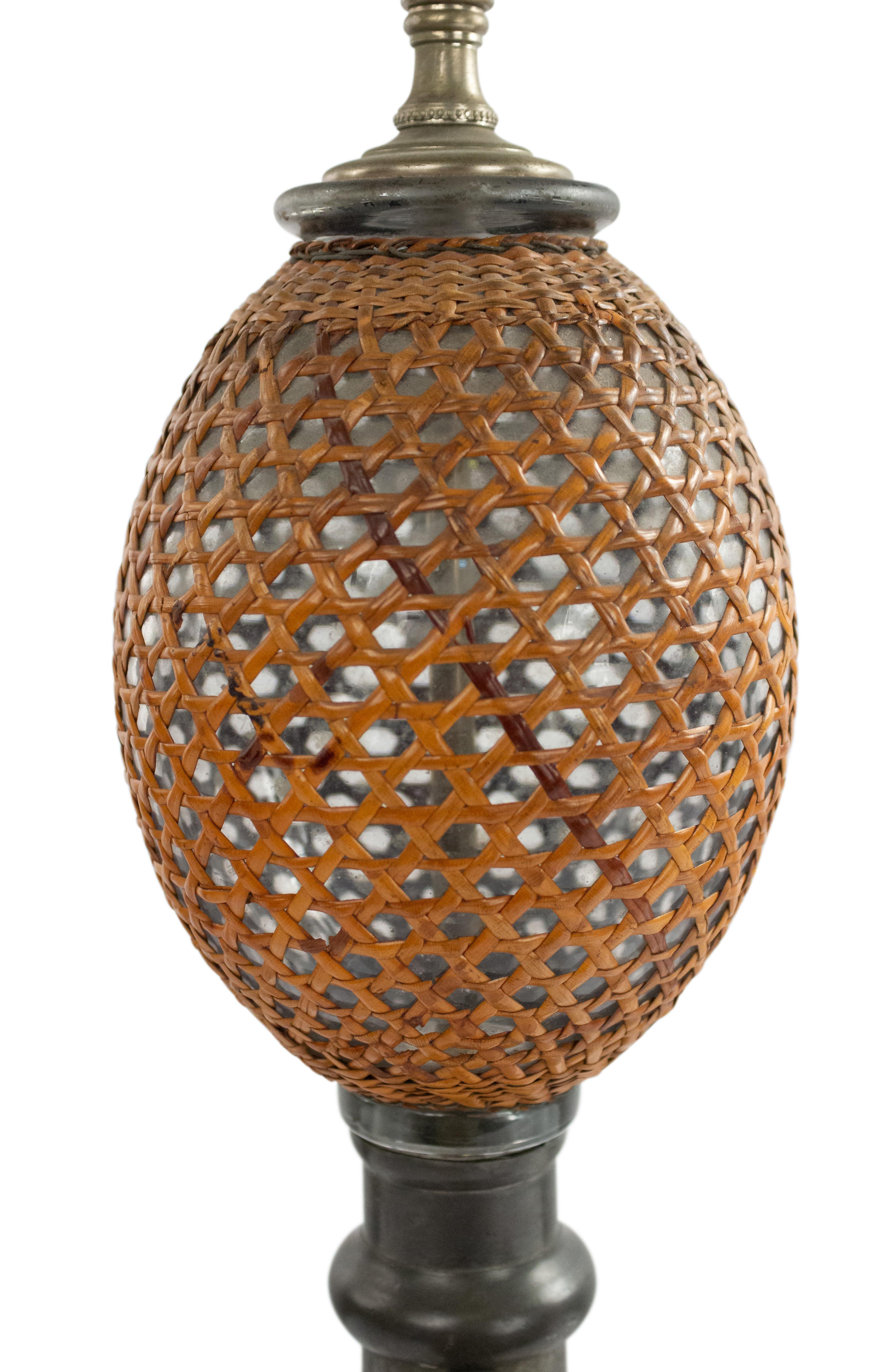 Woven American Victorian Wicker and Glass Table Lamp For Sale