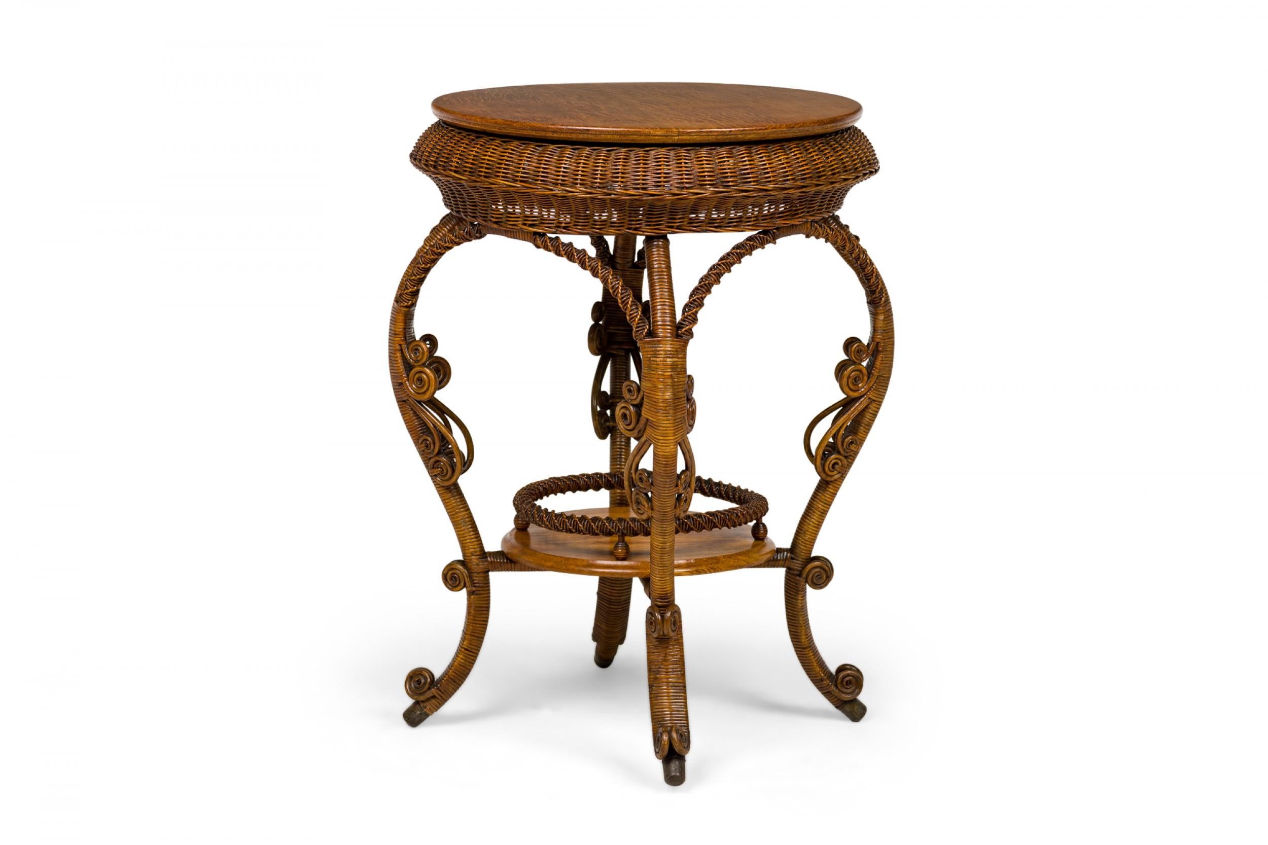 American Victorian Wicker and Oak Topped Circular Side Table For Sale 3