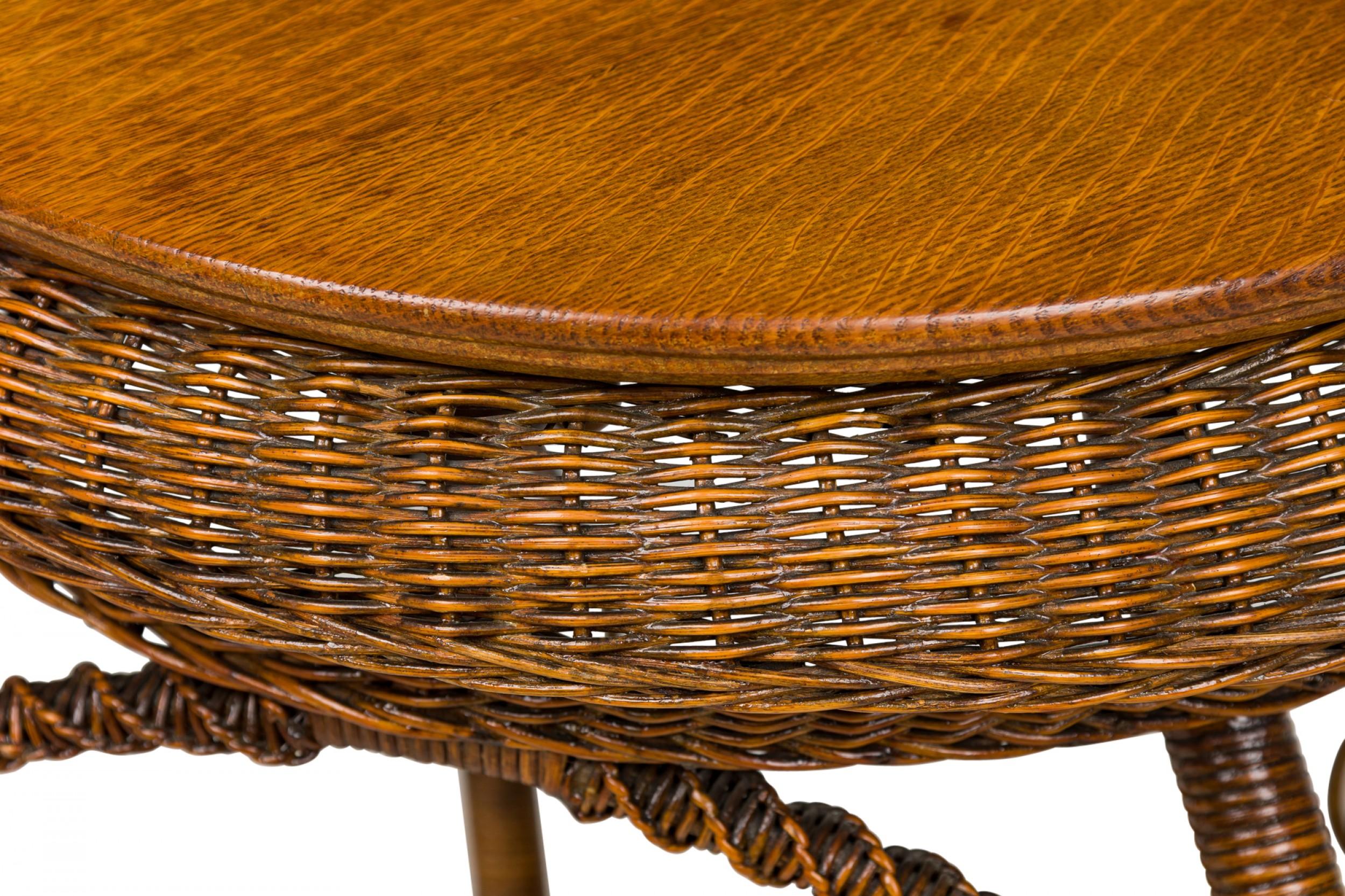 American Victorian Wicker and Oak Topped Circular Side Table For Sale 4
