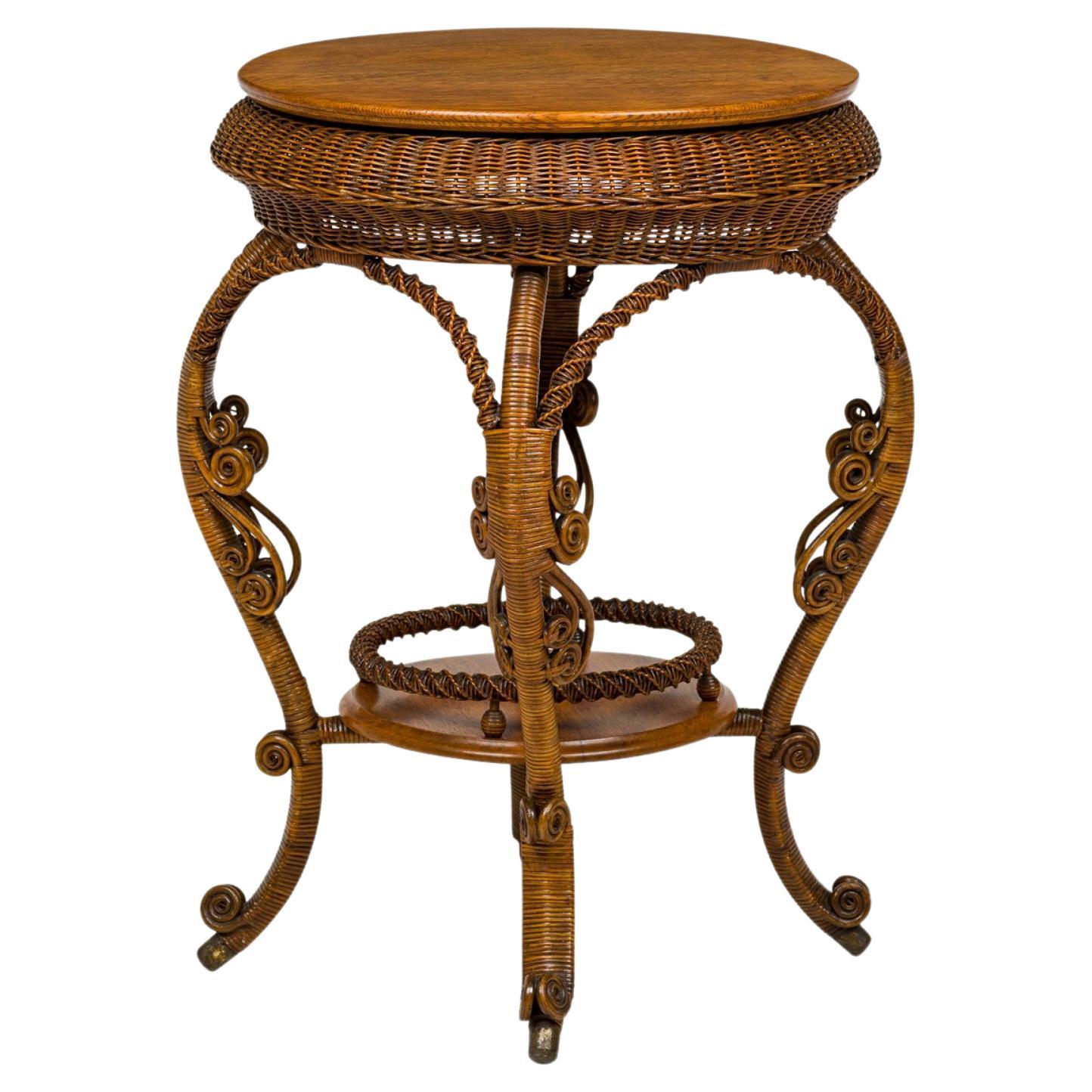 American Victorian Wicker and Oak Topped Circular Side Table For Sale