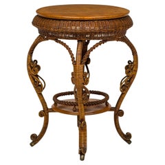 Used American Victorian Wicker and Oak Topped Circular Side Table