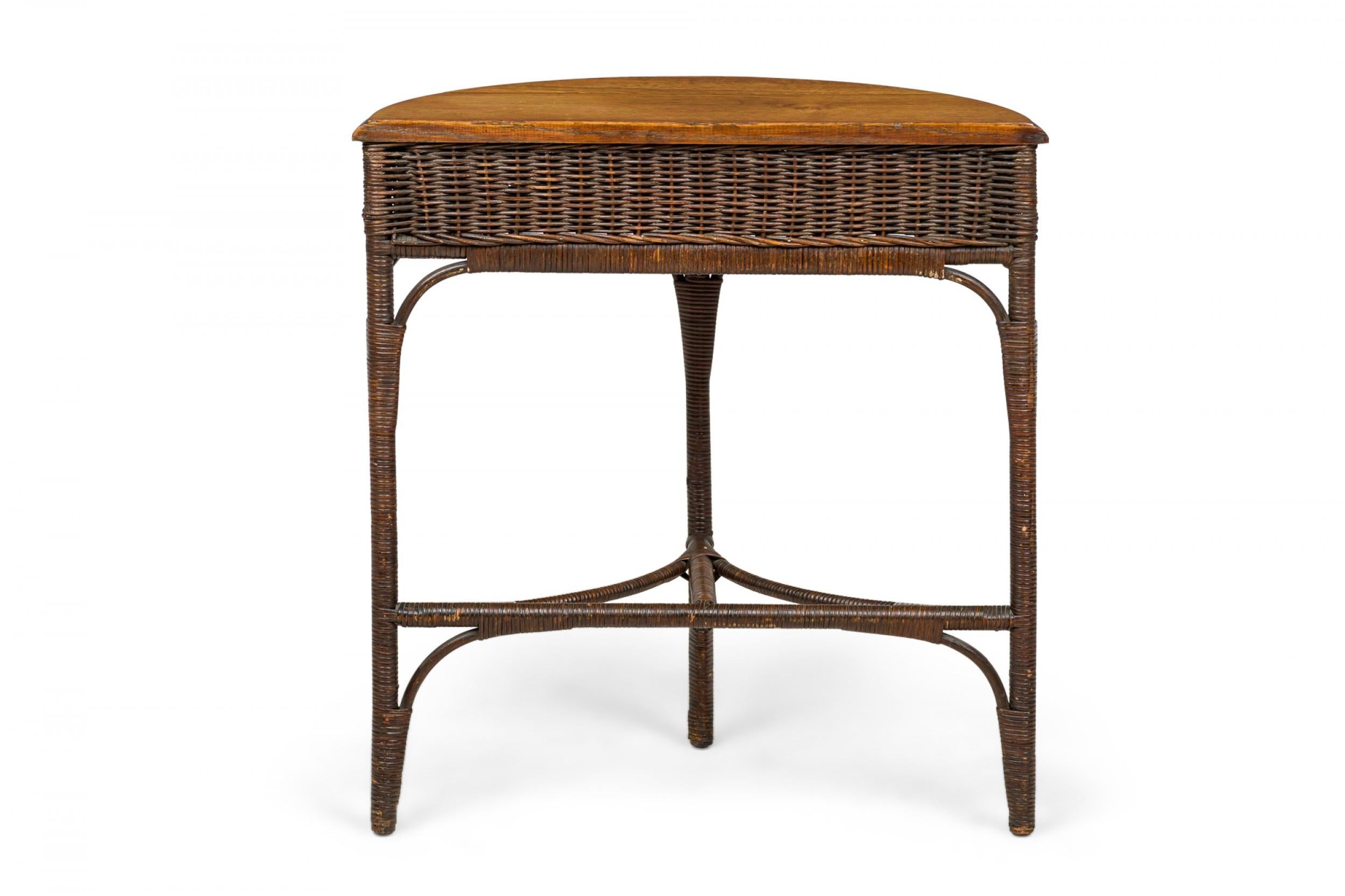 American Victorian Wicker and Oak Topped Demilune 3-Legged Console Table In Good Condition In New York, NY
