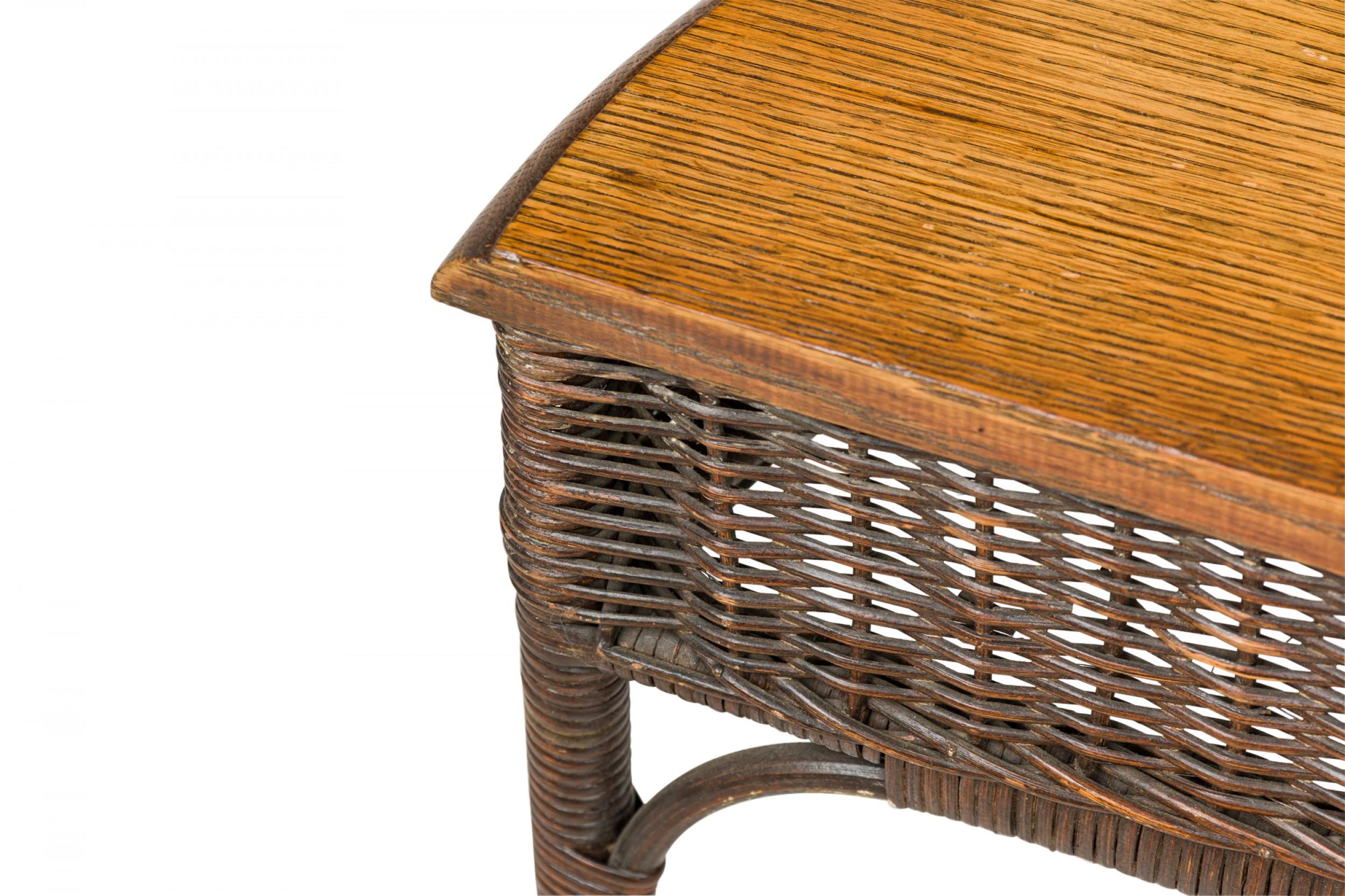 19th Century American Victorian Wicker and Oak Topped Demilune 3-Legged Console Table